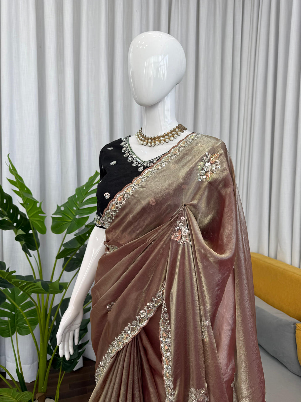 Fendy Silk Saree with Beads, Thread & Sequin Work and Mono Banglory Blouse