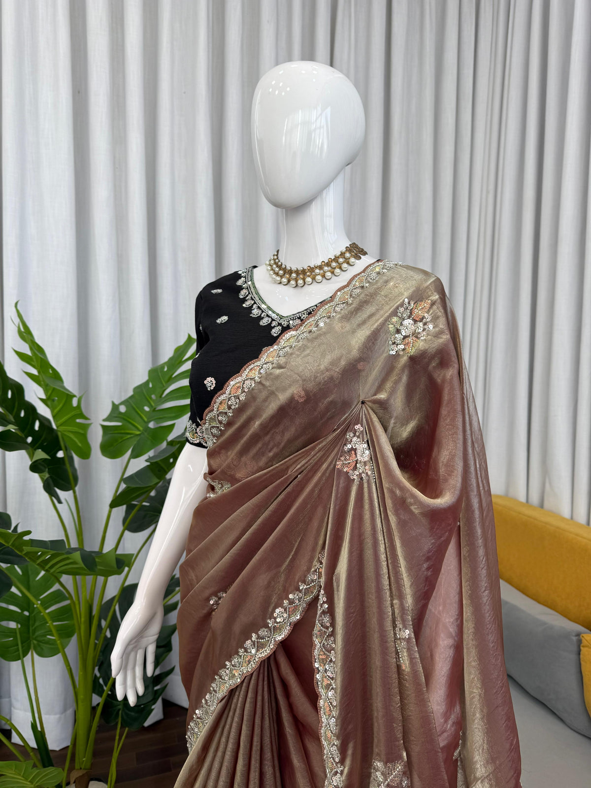 Fendy Silk Saree with Beads, Thread & Sequin Work and Mono Banglory Blouse