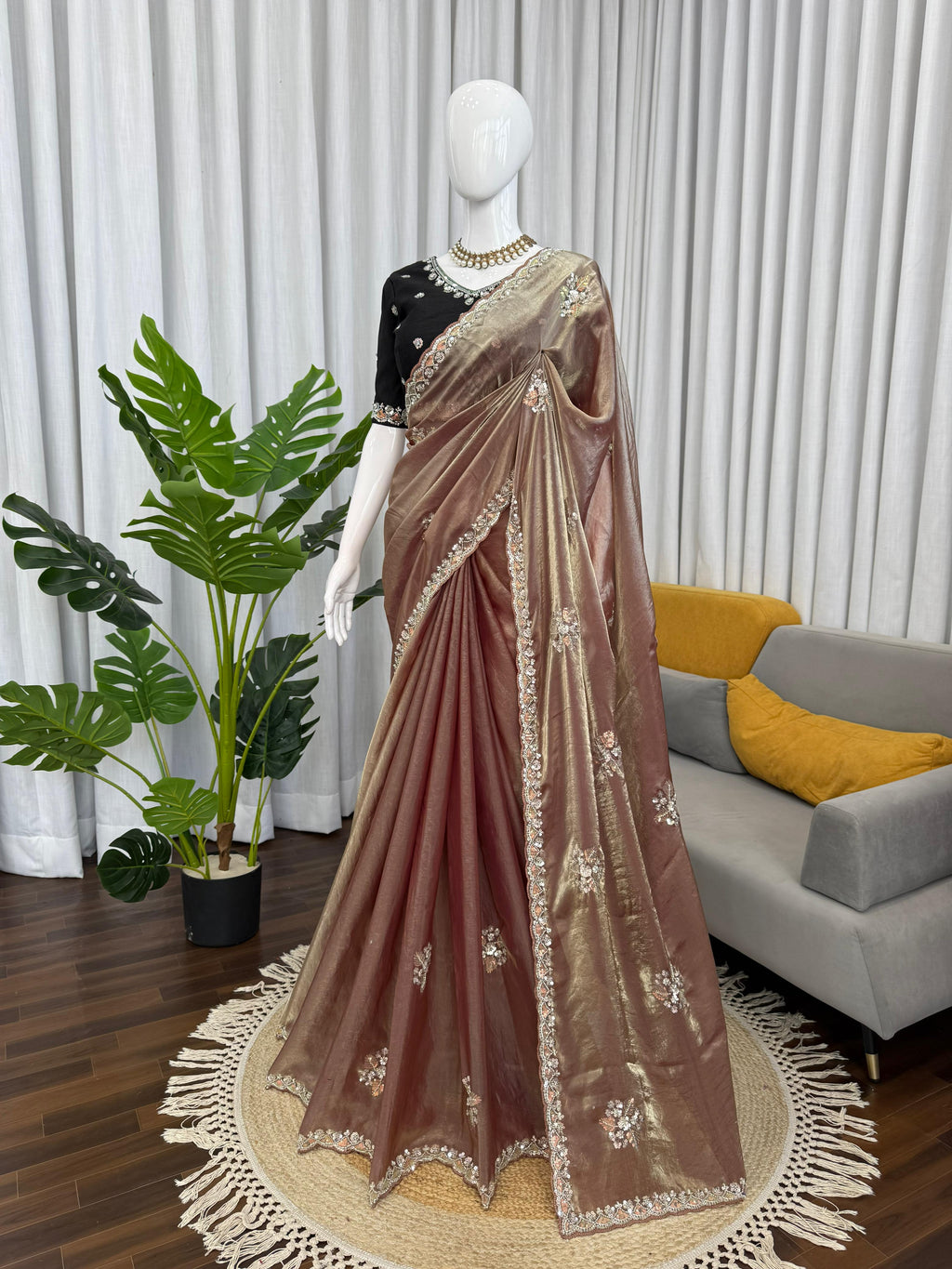 Fendy Silk Saree with Beads, Thread & Sequin Work and Mono Banglory Blouse