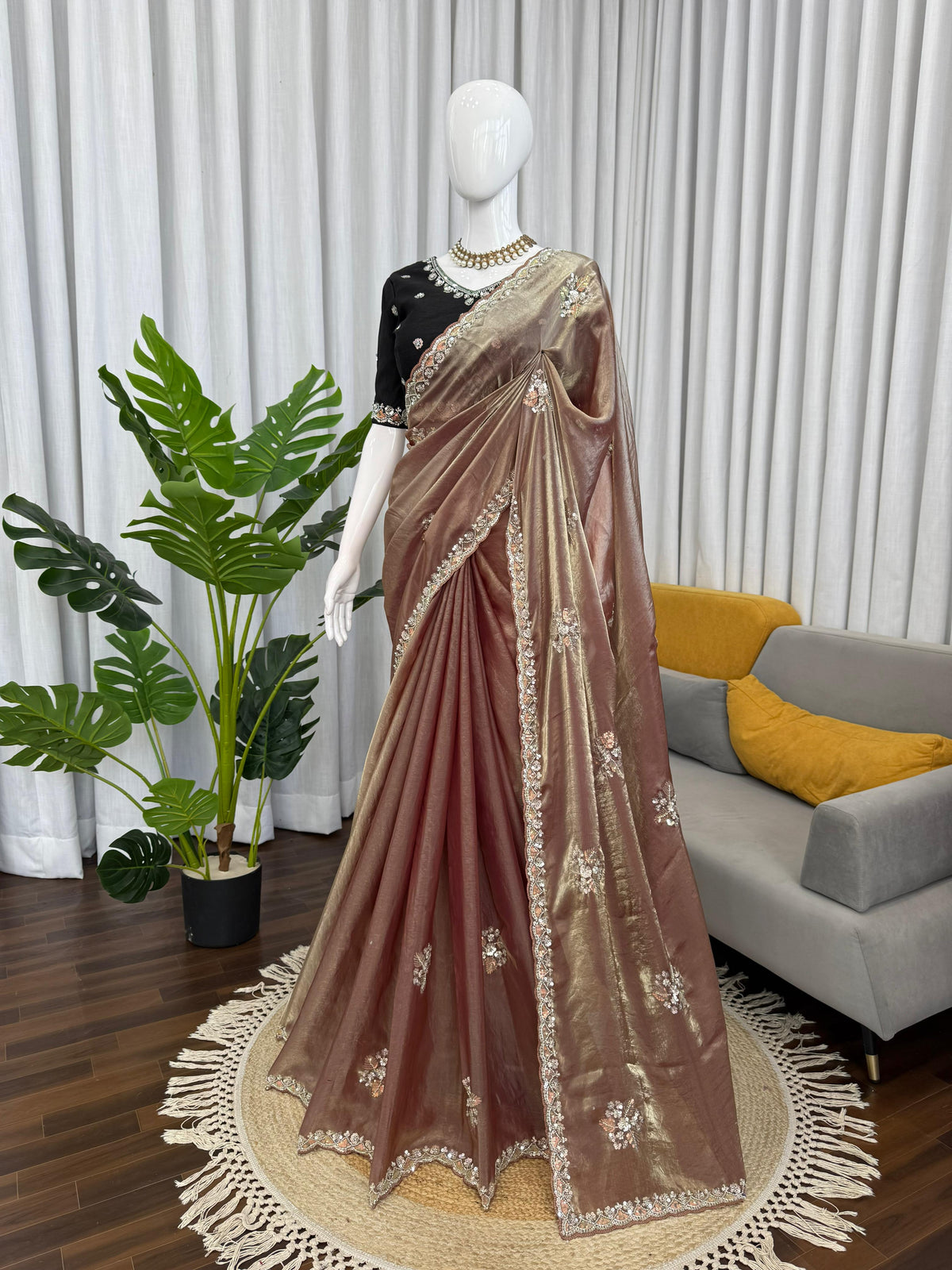Fendy Silk Saree with Beads, Thread & Sequin Work and Mono Banglory Blouse