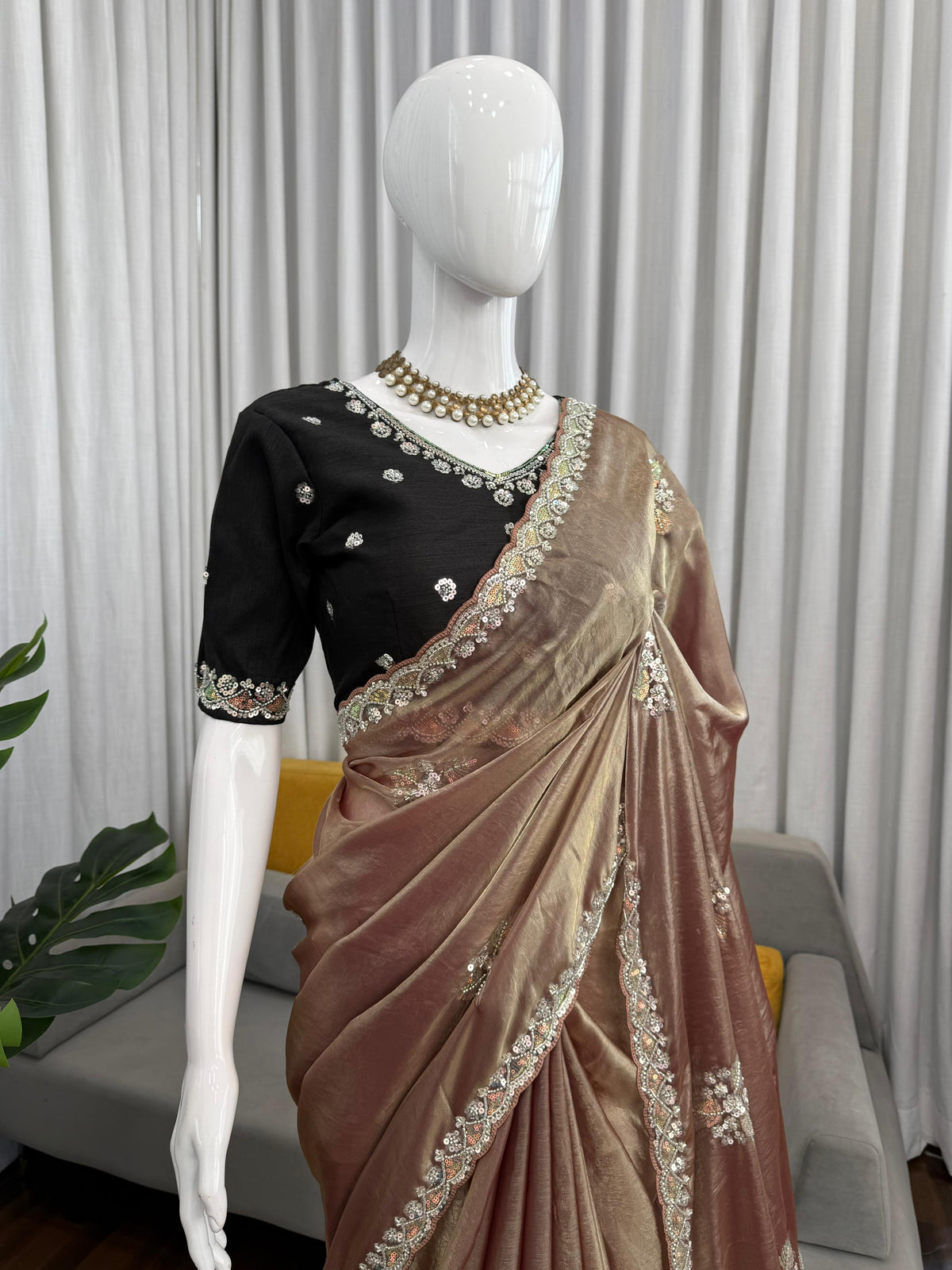 Fendy Silk Saree with Beads, Thread & Sequin Work and Mono Banglory Blouse