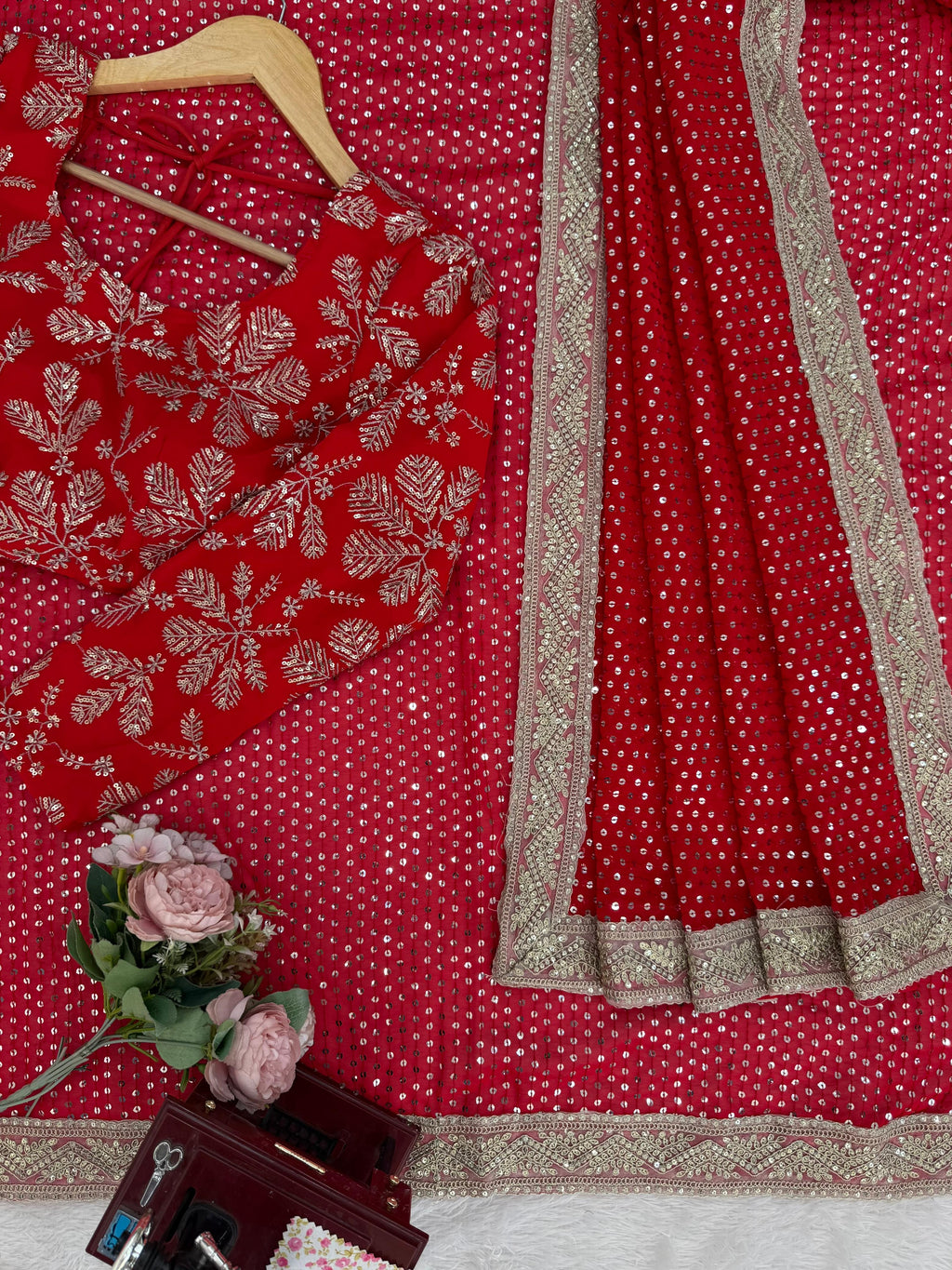 Blooming Georgette Saree with Coding, Thread & Sequin Embroidery