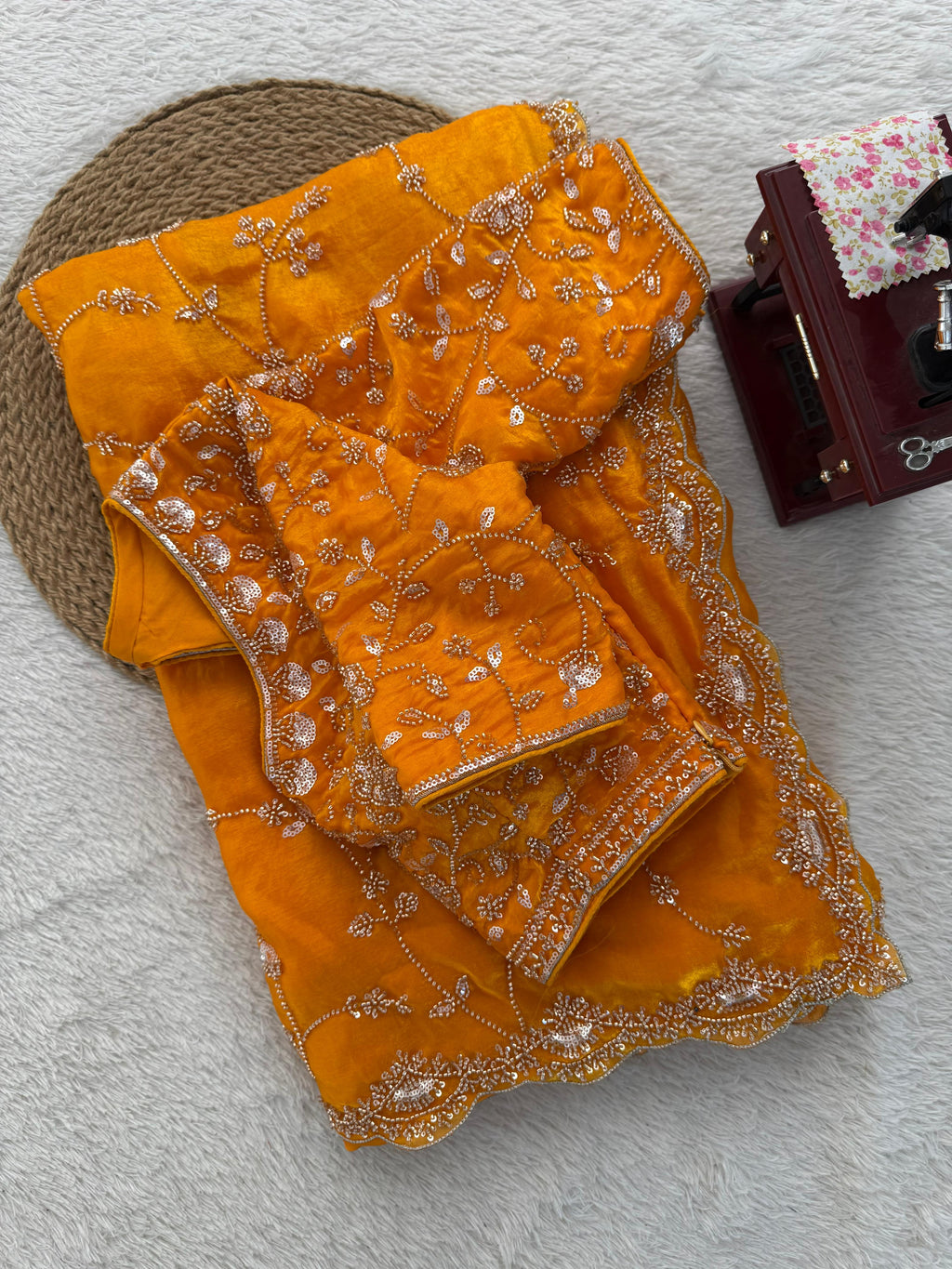Luxury Fendy Silk Saree with Heavy Beads & Sequin Embroidery