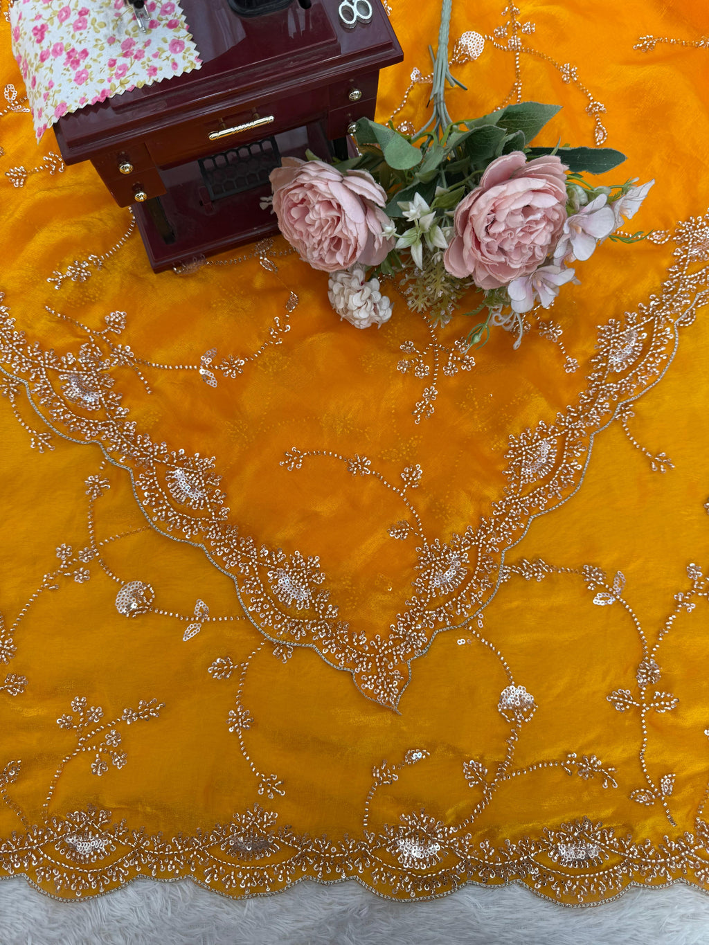 Luxury Fendy Silk Saree with Heavy Beads & Sequin Embroidery