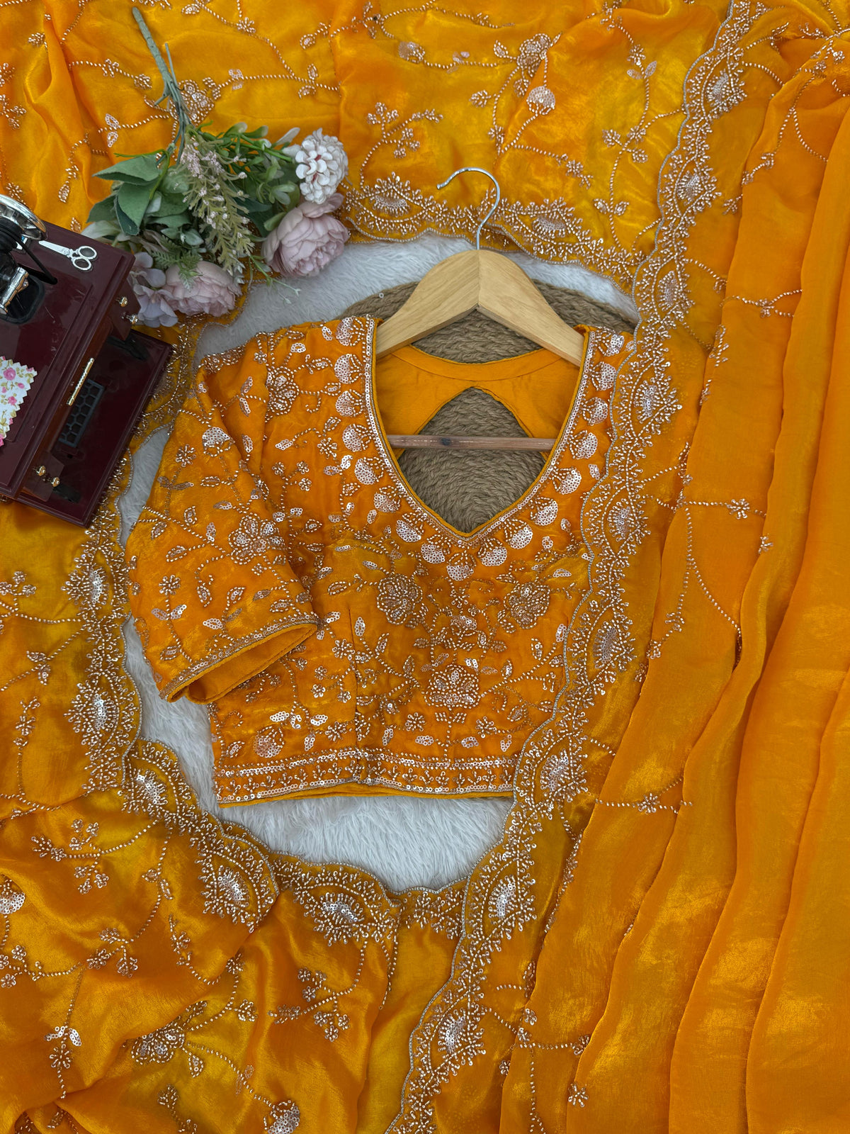 Luxury Fendy Silk Saree with Heavy Beads & Sequin Embroidery