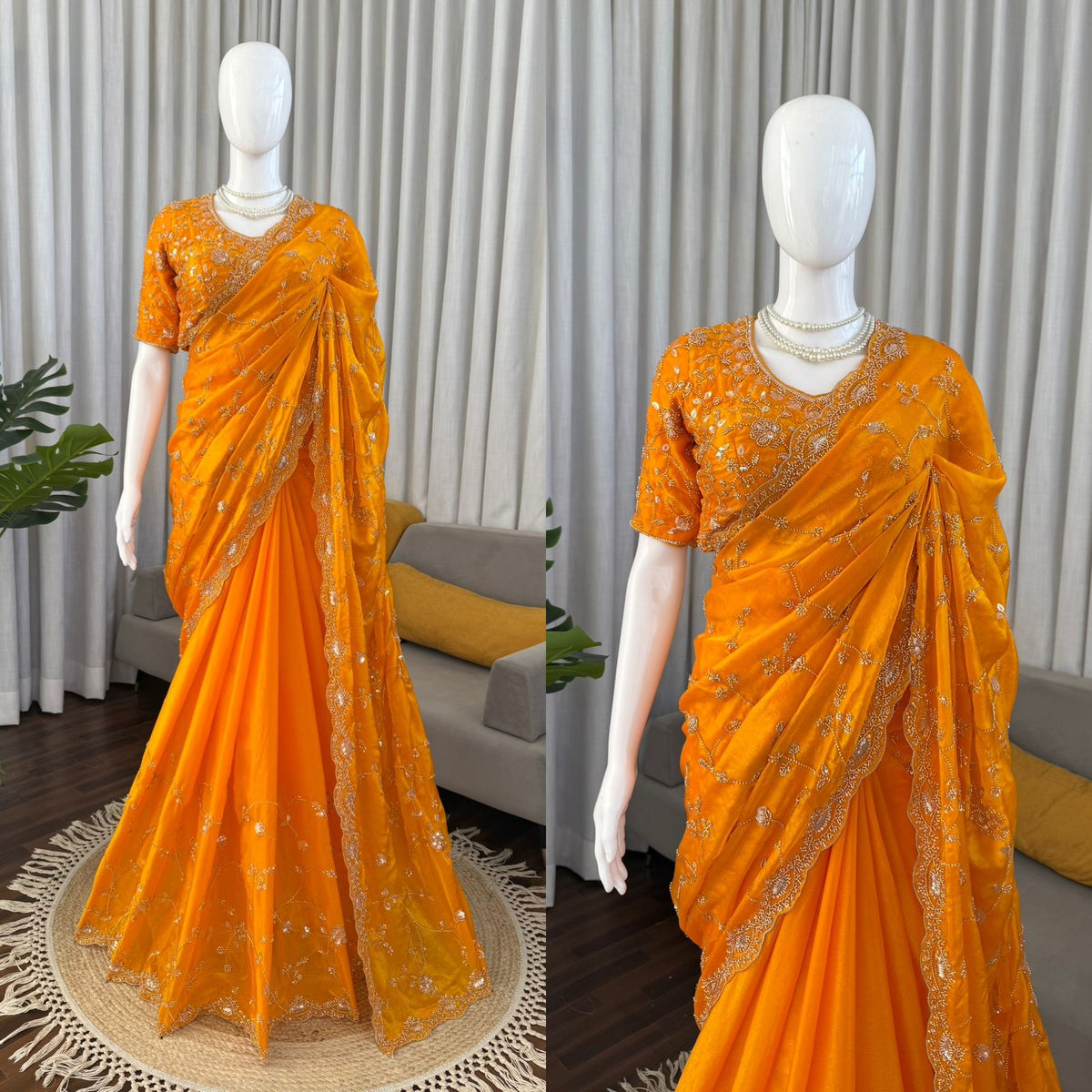 Luxury Fendy Silk Saree with Heavy Beads & Sequin Embroidery