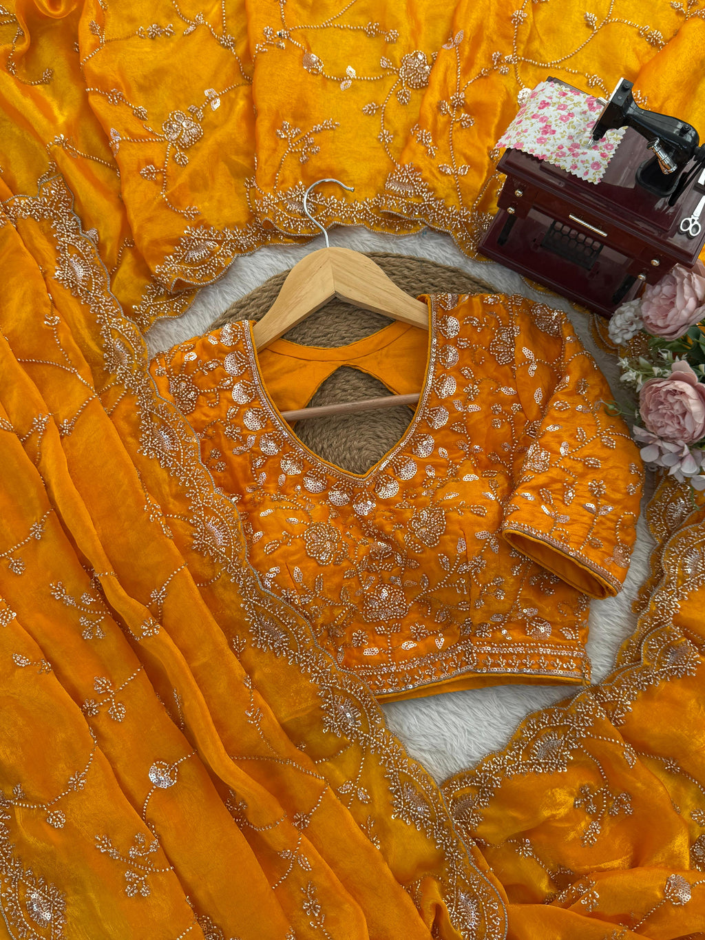 Luxury Fendy Silk Saree with Heavy Beads & Sequin Embroidery