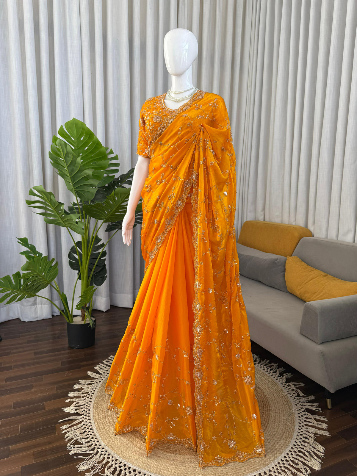 Luxury Fendy Silk Saree with Heavy Beads & Sequin Embroidery