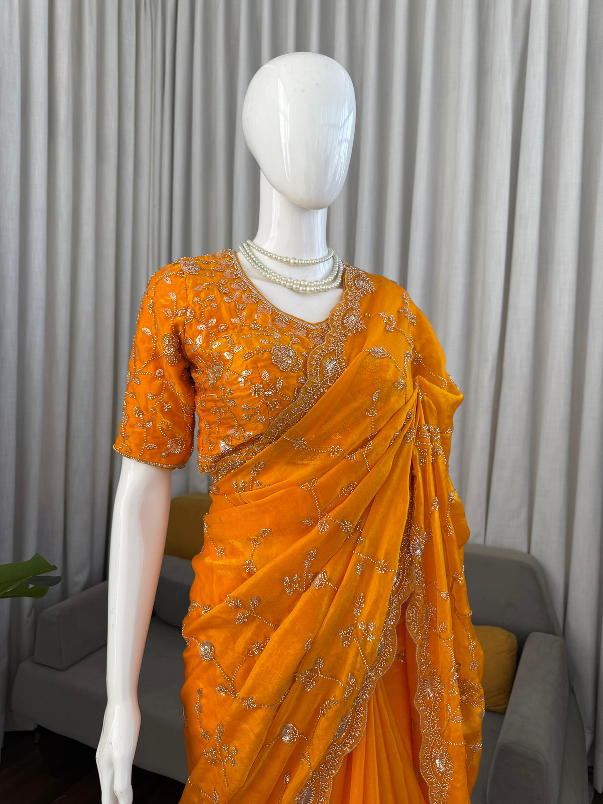 Luxury Fendy Silk Saree with Heavy Beads & Sequin Embroidery