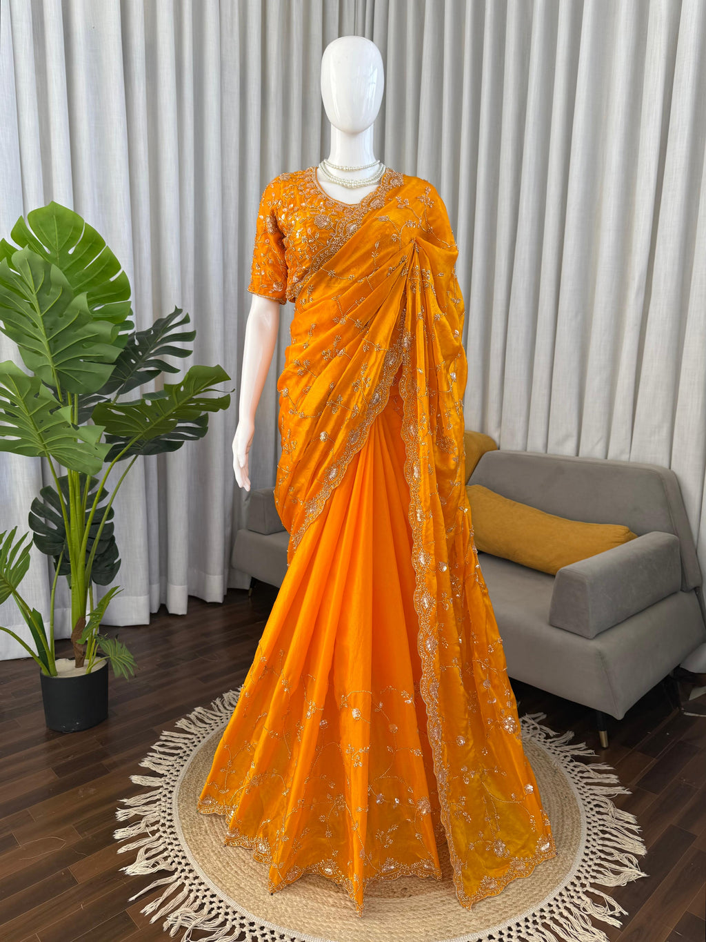 Luxury Fendy Silk Saree with Heavy Beads & Sequin Embroidery