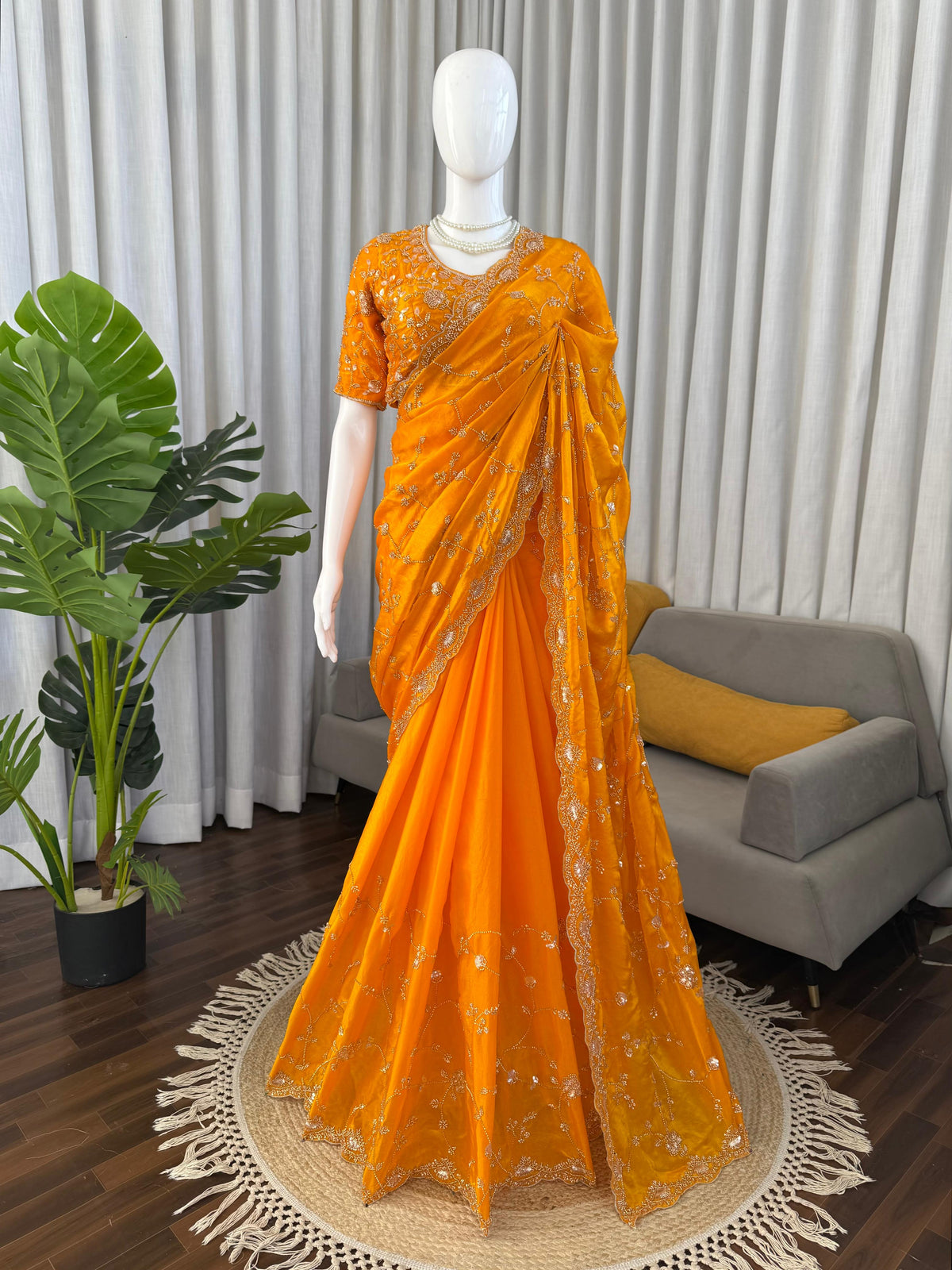 Luxury Fendy Silk Saree with Heavy Beads & Sequin Embroidery