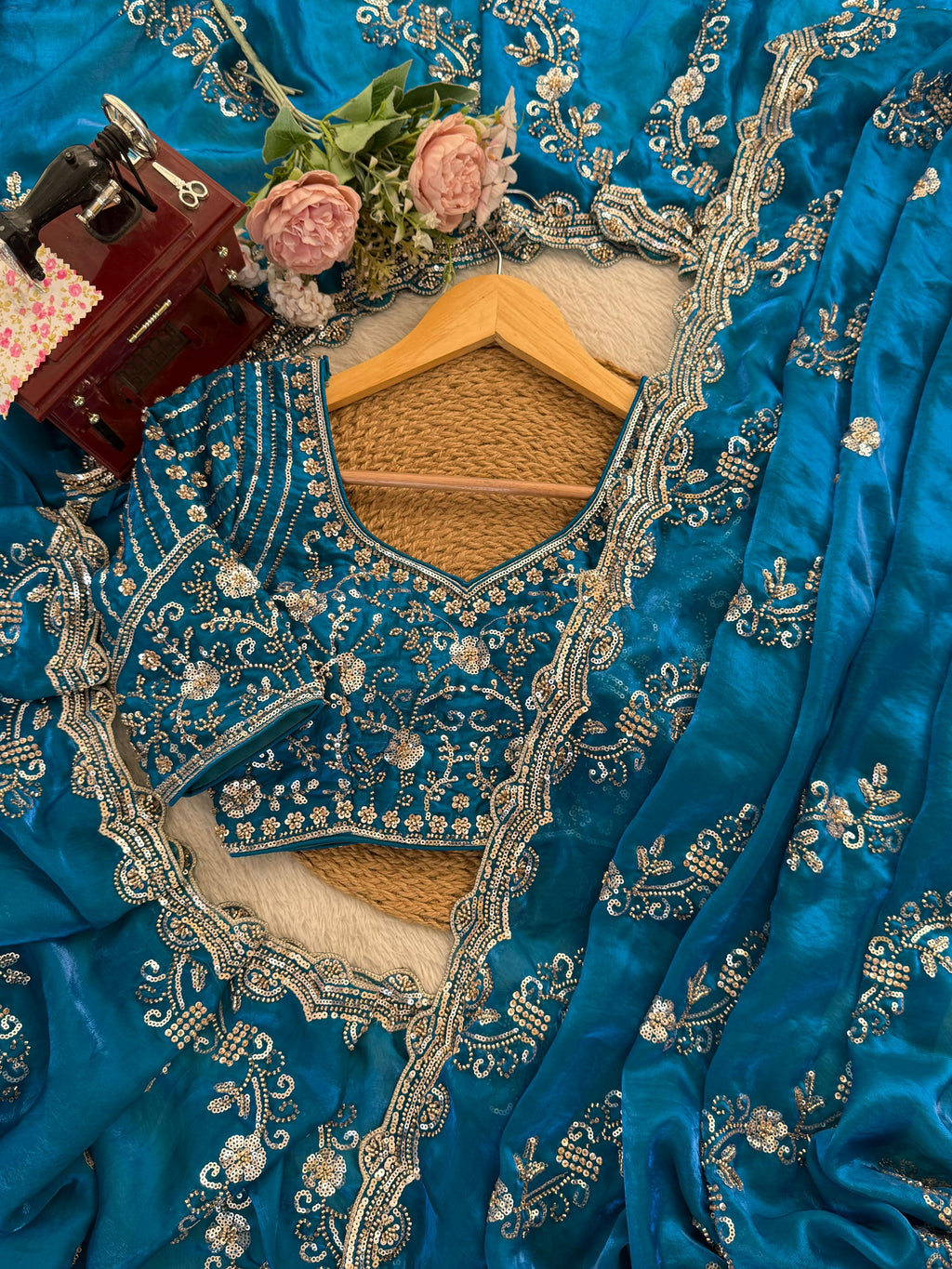 Fendy Silk Saree with Heavy Beads & Sequin Work Front & Back Embroidered Blouse