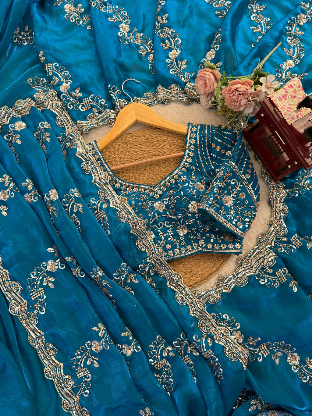 Fendy Silk Saree with Heavy Beads & Sequin Work Front & Back Embroidered Blouse