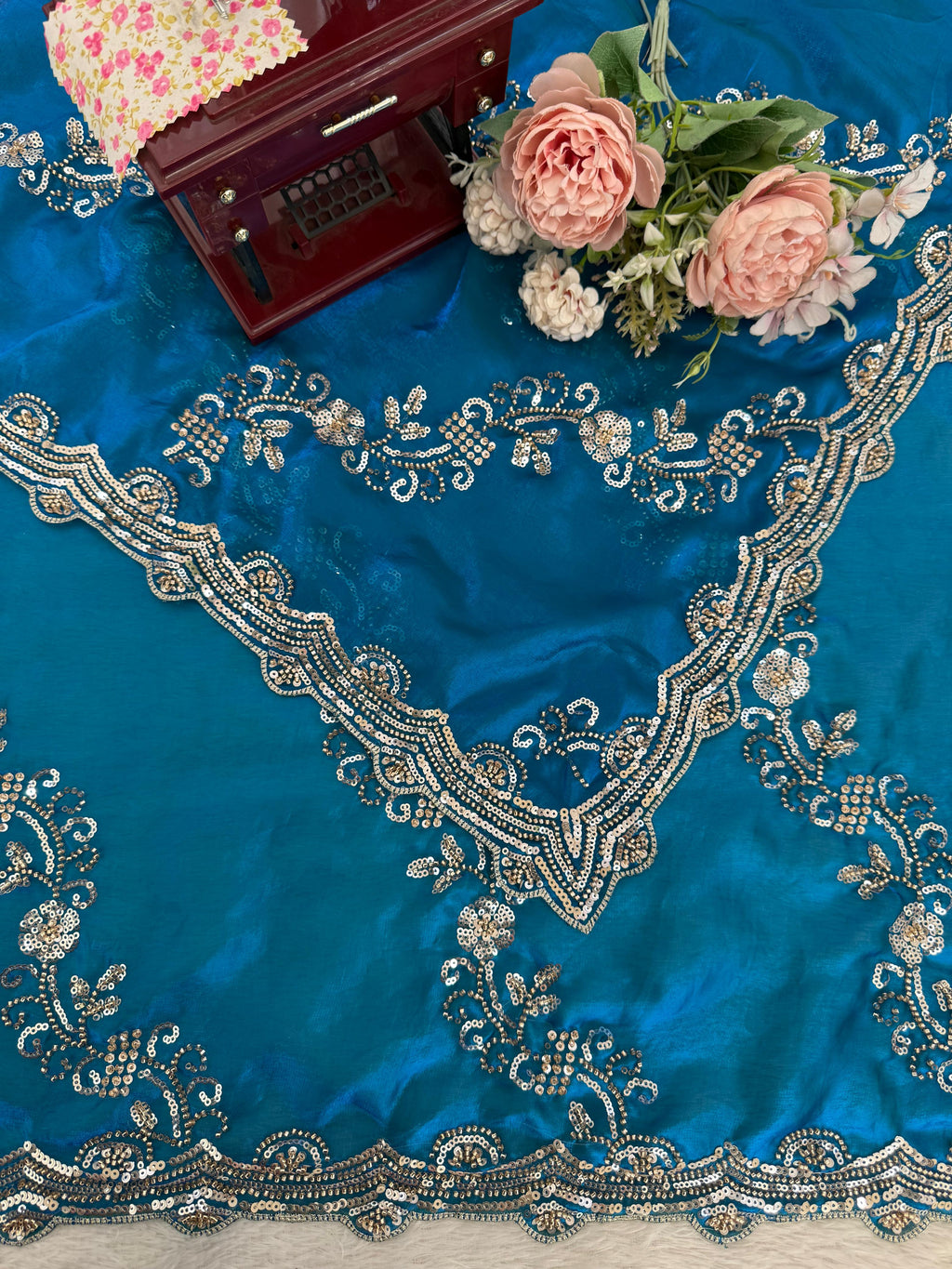 Fendy Silk Saree with Heavy Beads & Sequin Work Front & Back Embroidered Blouse
