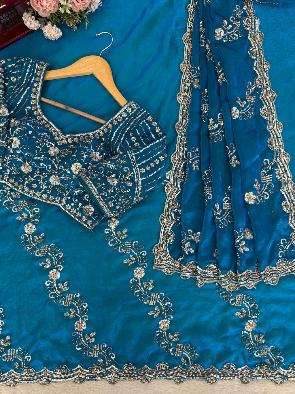 Fendy Silk Saree with Heavy Beads & Sequin Work Front & Back Embroidered Blouse