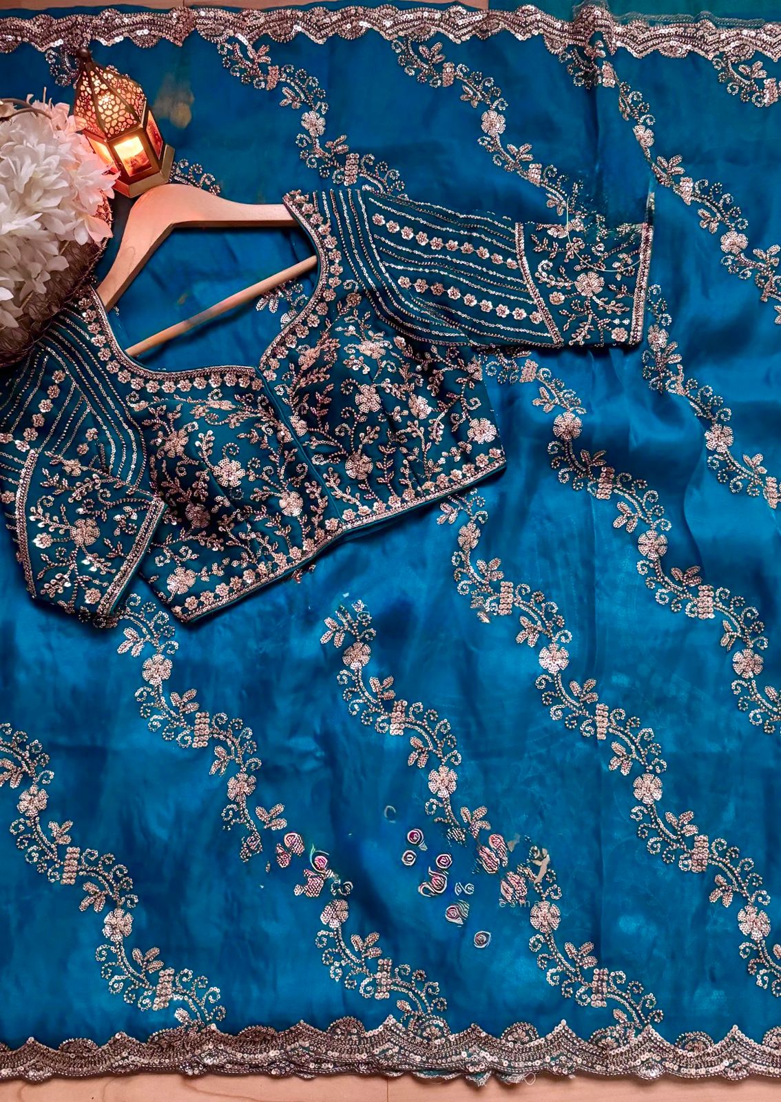 Fendy Silk Saree with Heavy Beads & Sequin Work Front & Back Embroidered Blouse