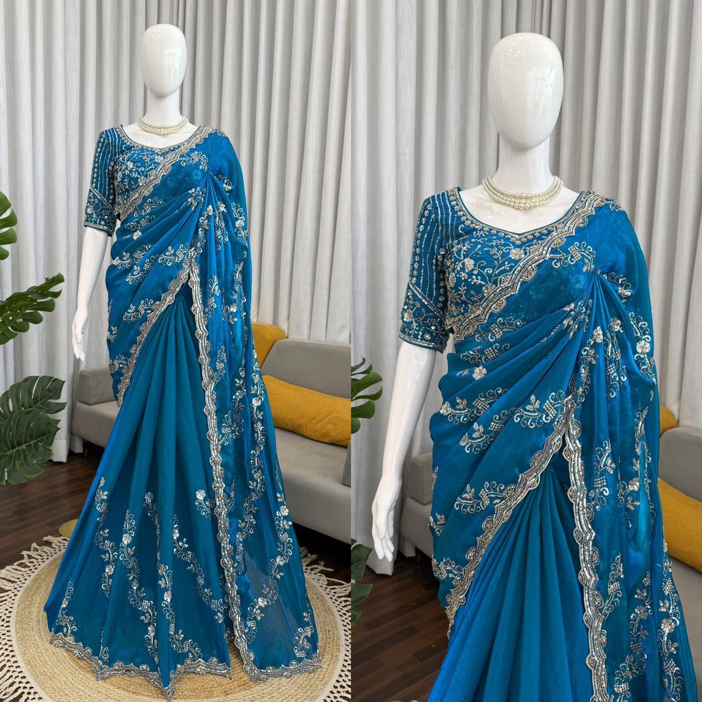 Fendy Silk Saree with Heavy Beads & Sequin Work Front & Back Embroidered Blouse