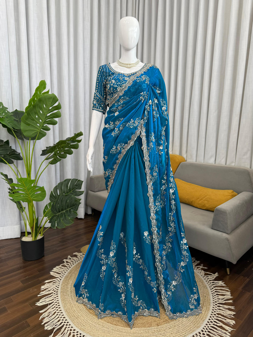 Fendy Silk Saree with Heavy Beads & Sequin Work Front & Back Embroidered Blouse