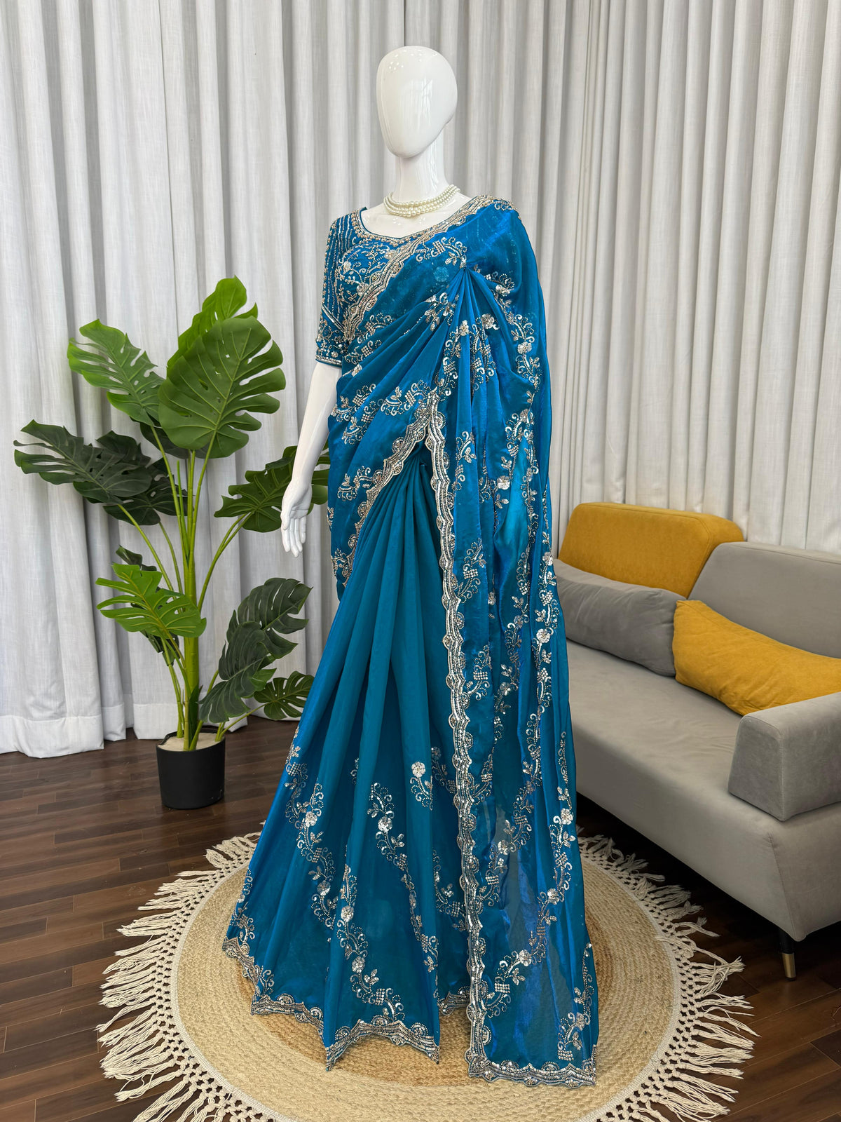 Fendy Silk Saree with Heavy Beads & Sequin Work Front & Back Embroidered Blouse