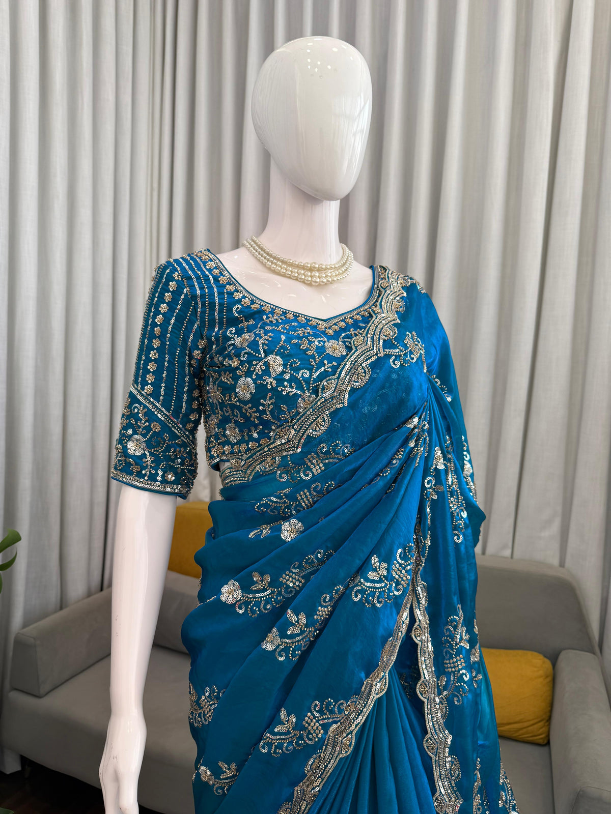 Fendy Silk Saree with Heavy Beads & Sequin Work Front & Back Embroidered Blouse
