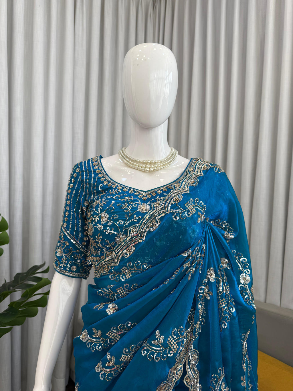 Fendy Silk Saree with Heavy Beads & Sequin Work Front & Back Embroidered Blouse