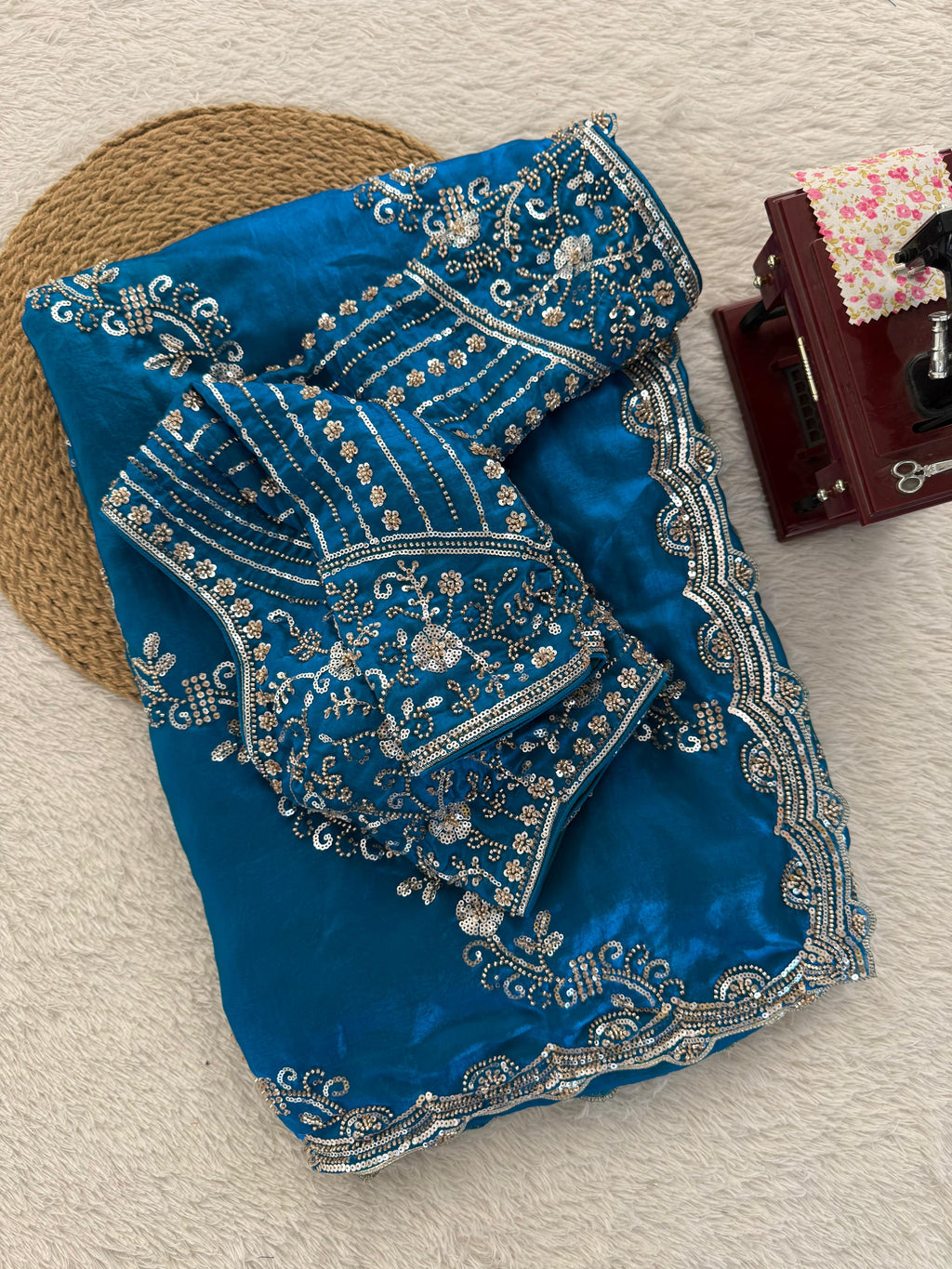 Fendy Silk Saree with Heavy Beads & Sequin Work Front & Back Embroidered Blouse