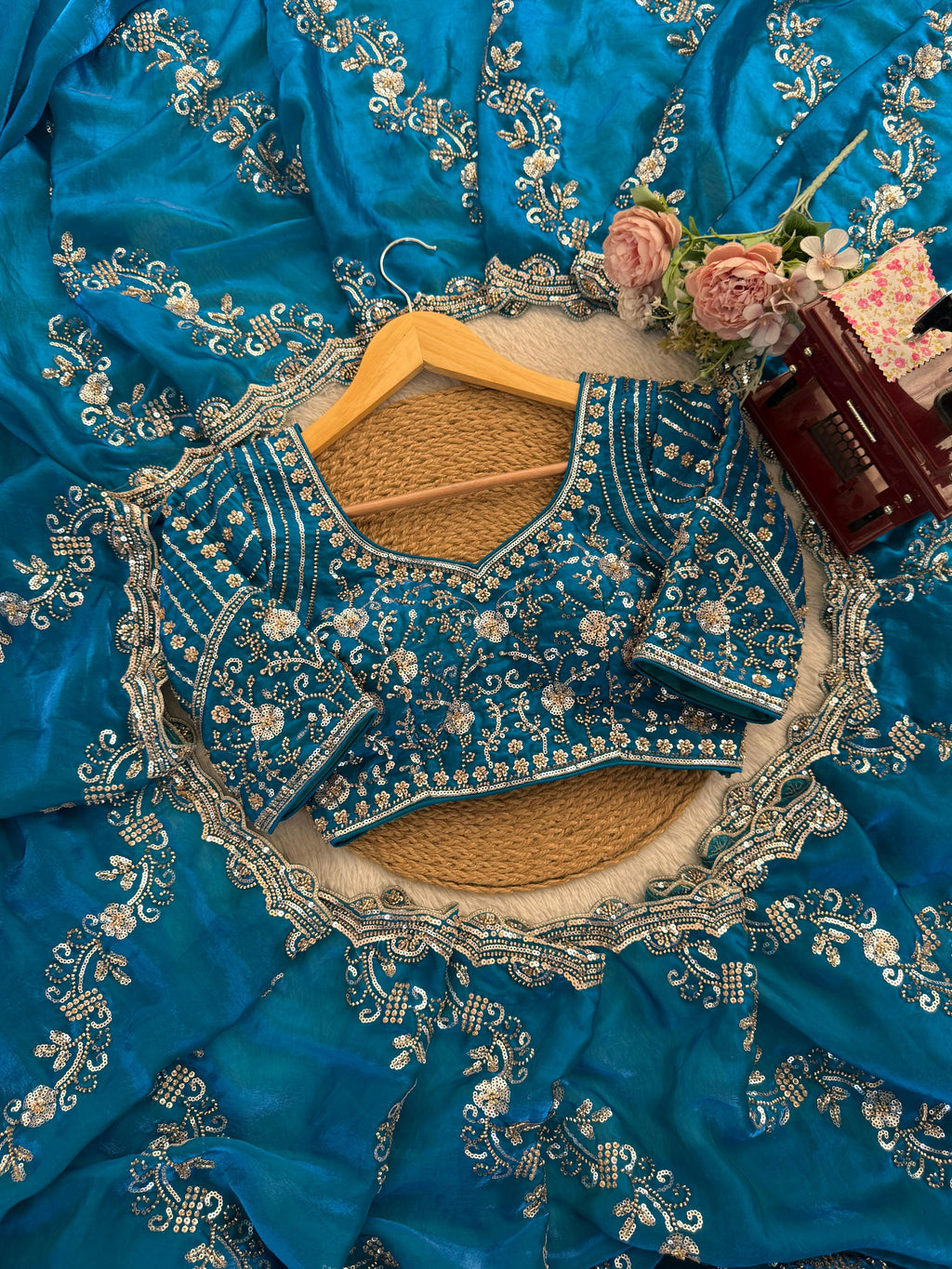 Fendy Silk Saree with Heavy Beads & Sequin Work Front & Back Embroidered Blouse