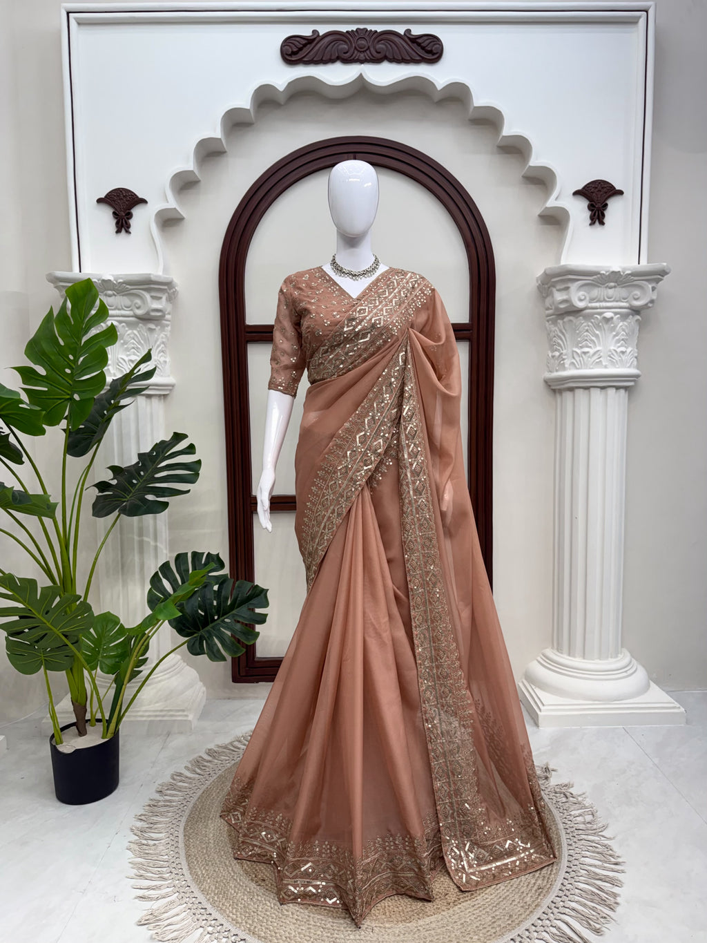 Tibby Silk Designer Saree with Thread & Sequin Work Front & Back Embroidered Blouse