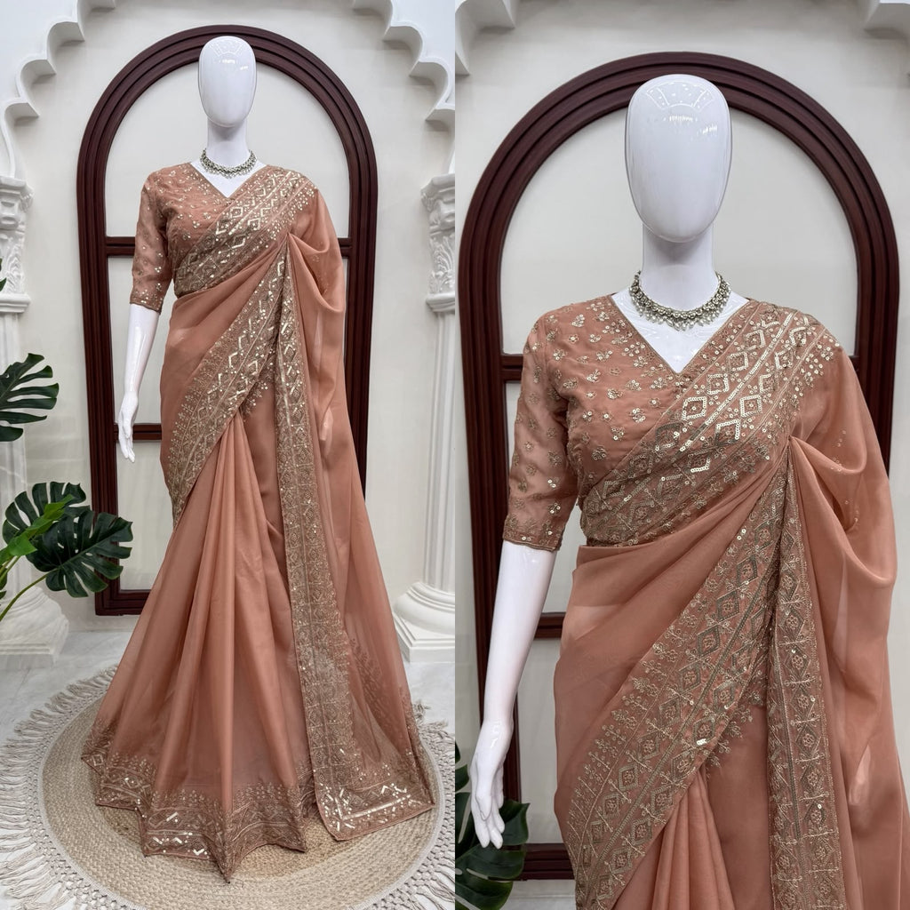 Tibby Silk Designer Saree with Thread & Sequin Work Front & Back Embroidered Blouse