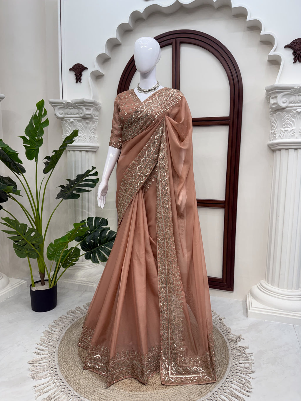 Tibby Silk Designer Saree with Thread & Sequin Work Front & Back Embroidered Blouse