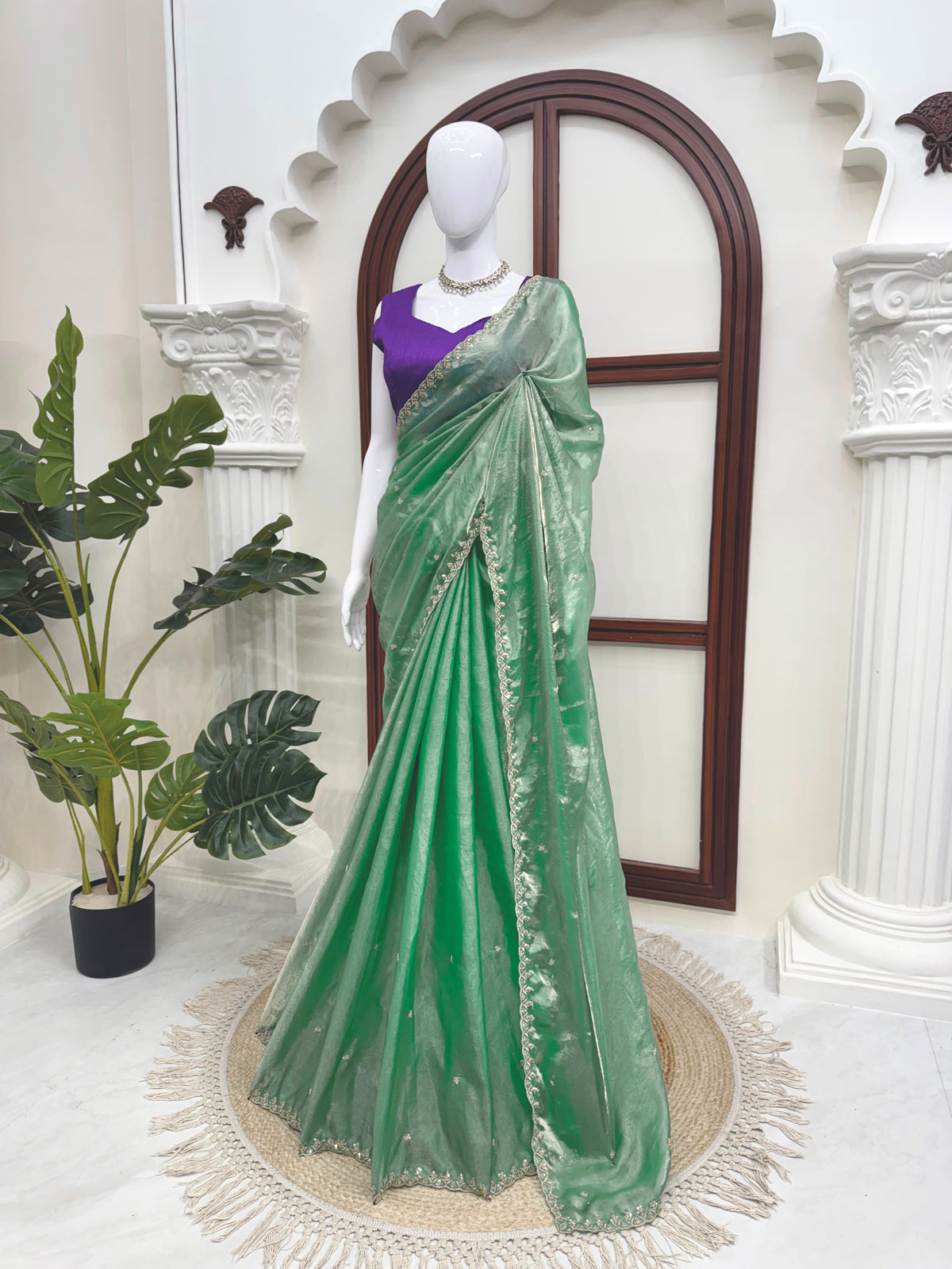 Fendy Silk Saree with Thread & Sequin Work and Plain Banglory Blouse