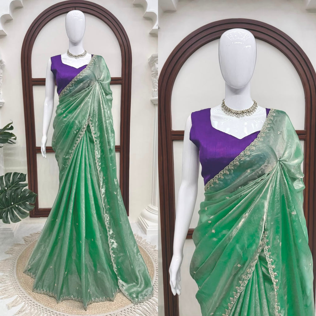 Fendy Silk Saree with Thread & Sequin Work and Plain Banglory Blouse