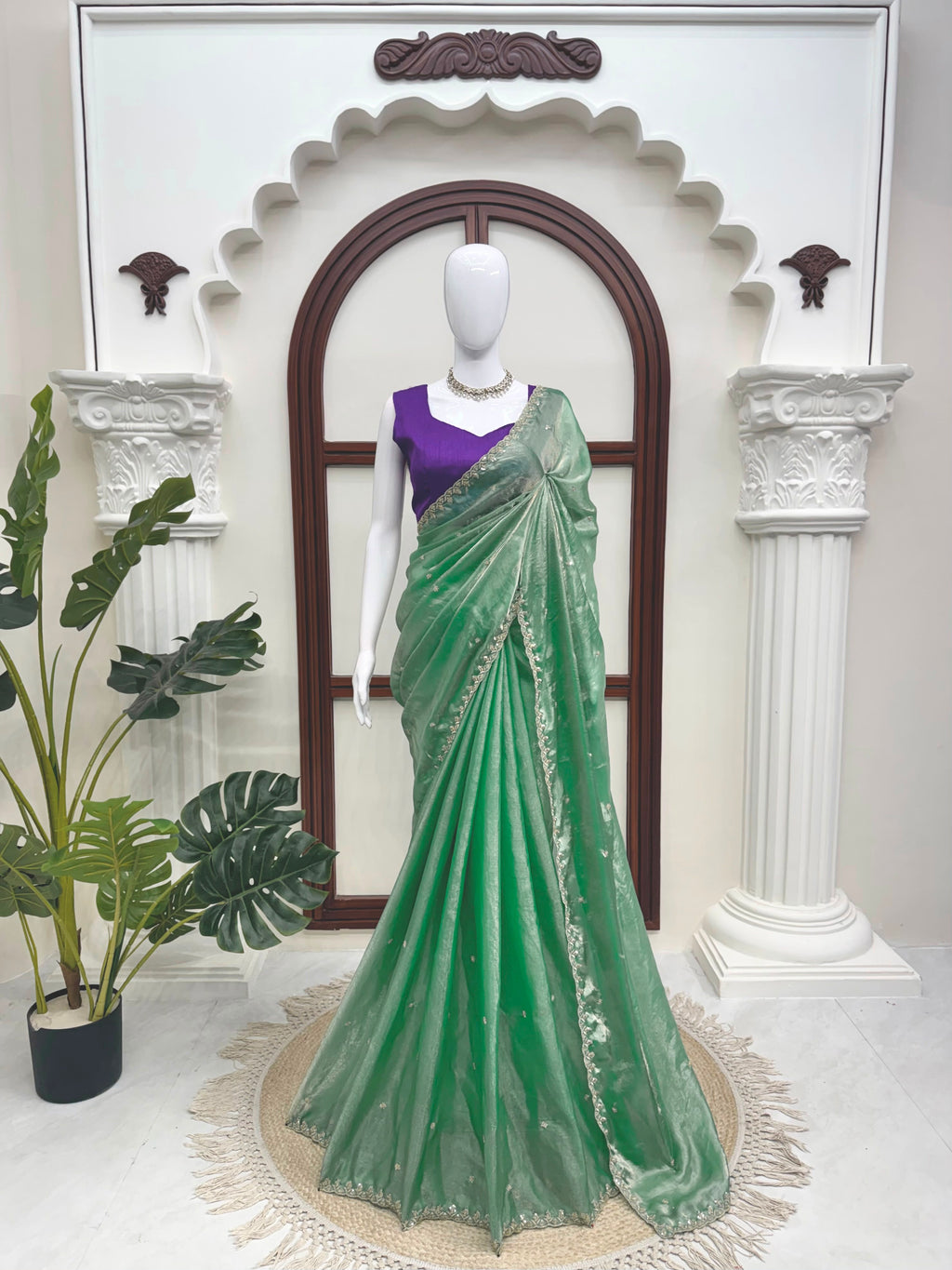 Fendy Silk Saree with Thread & Sequin Work and Plain Banglory Blouse