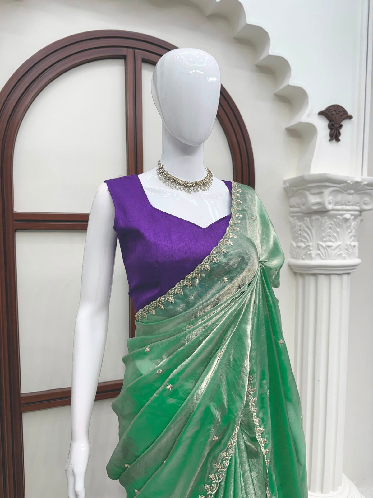 Fendy Silk Saree with Thread & Sequin Work and Plain Banglory Blouse