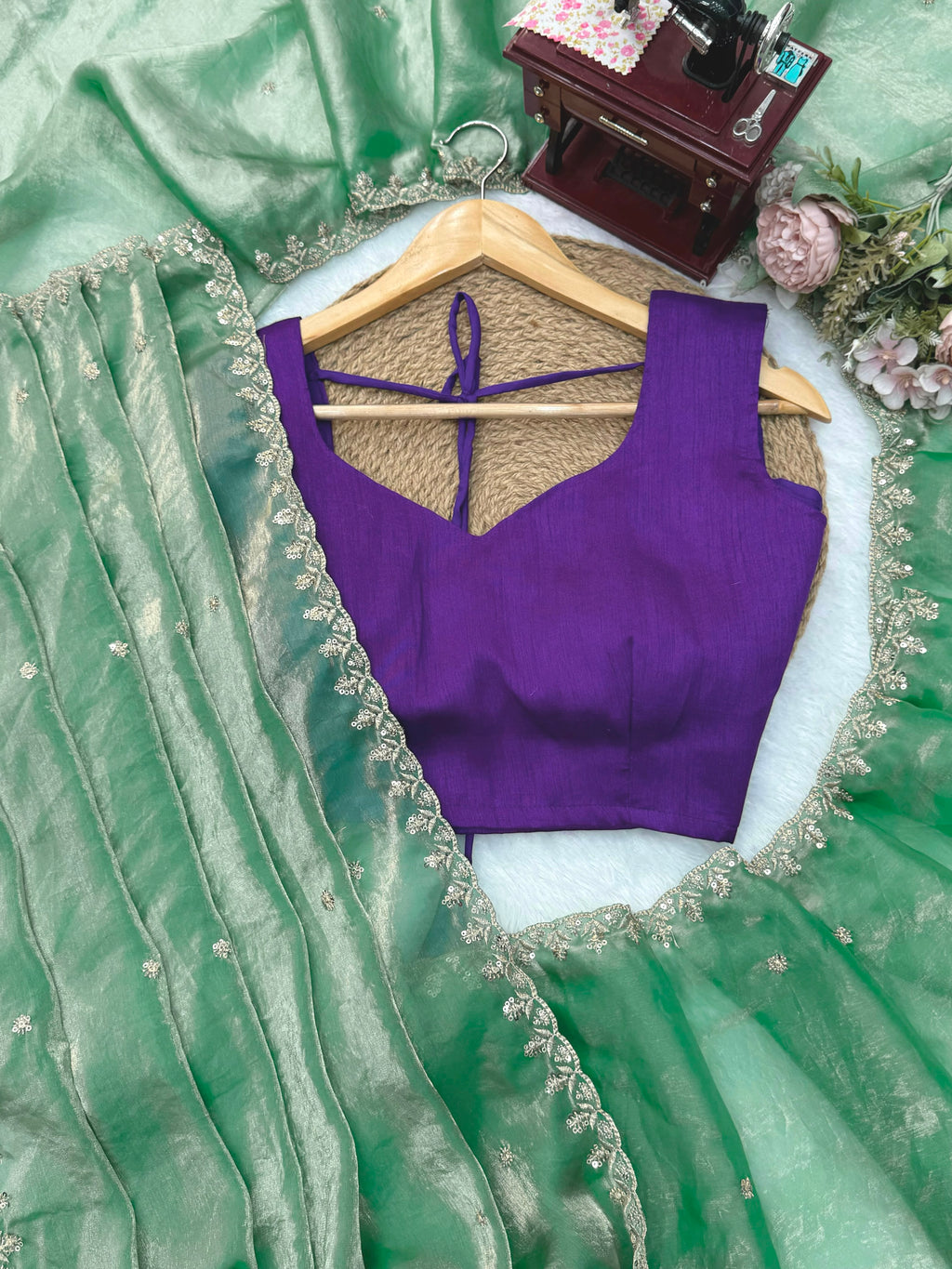 Fendy Silk Saree with Thread & Sequin Work and Plain Banglory Blouse