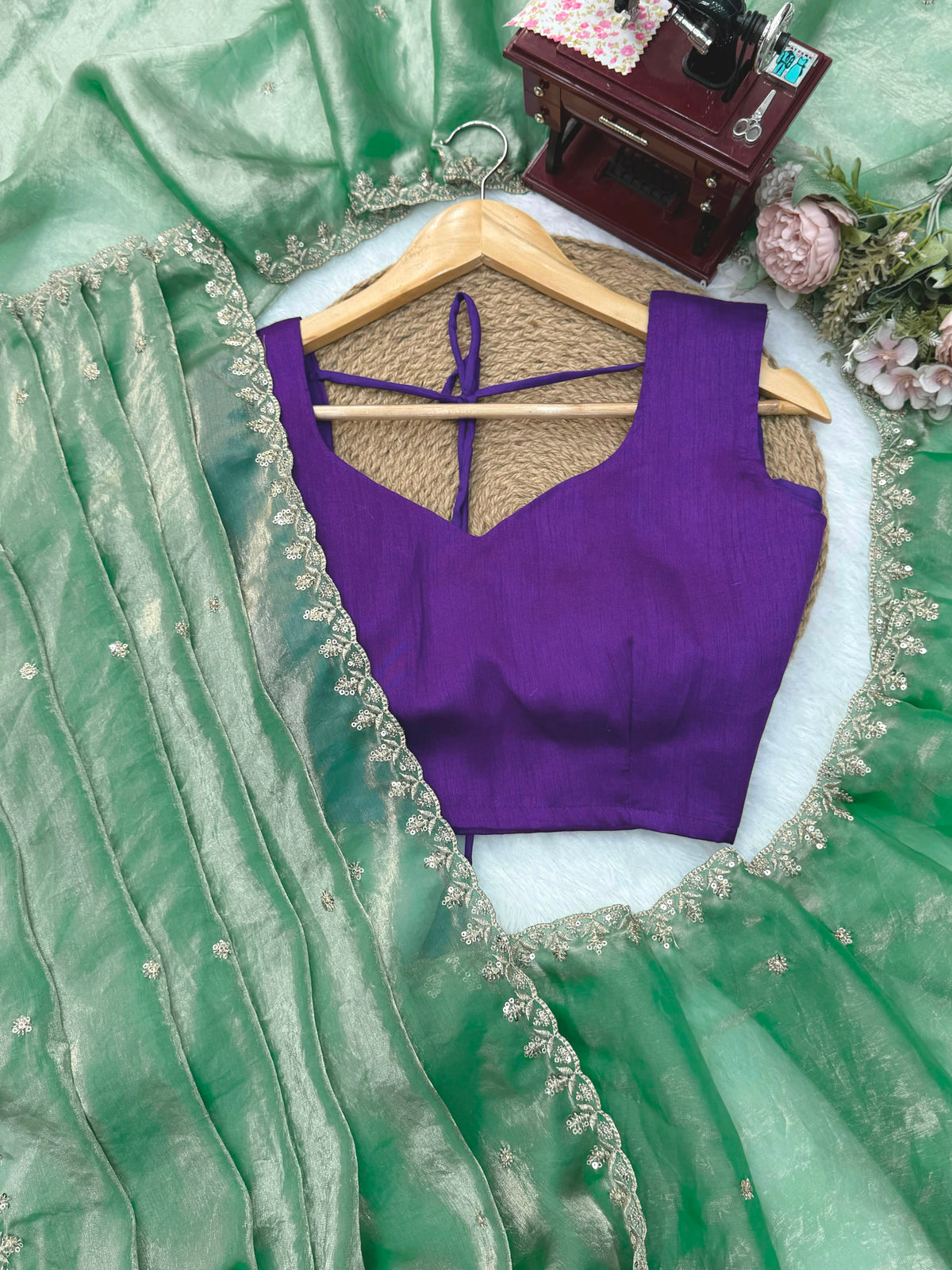 Fendy Silk Saree with Thread & Sequin Work and Plain Banglory Blouse