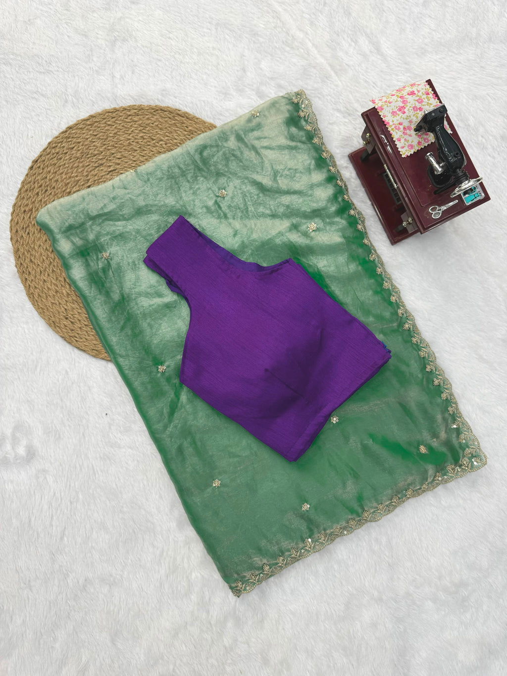 Fendy Silk Saree with Thread & Sequin Work and Plain Banglory Blouse