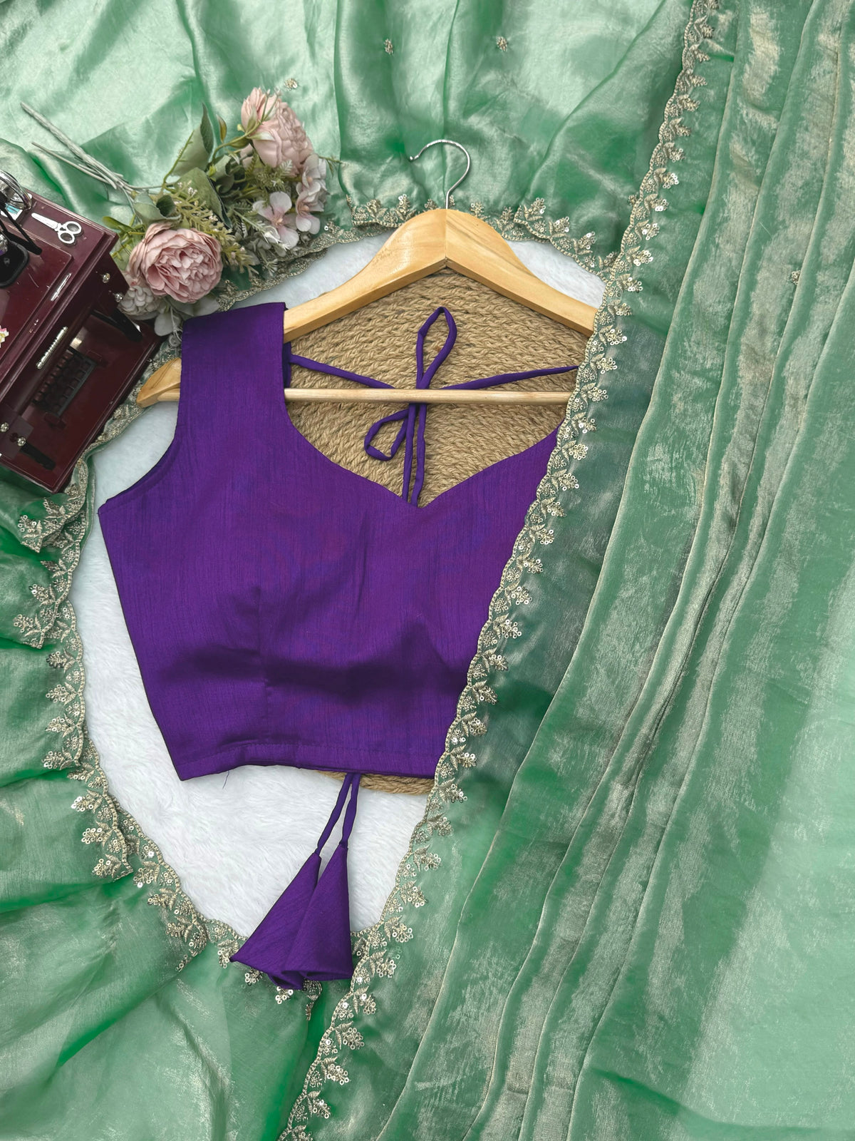 Fendy Silk Saree with Thread & Sequin Work and Plain Banglory Blouse