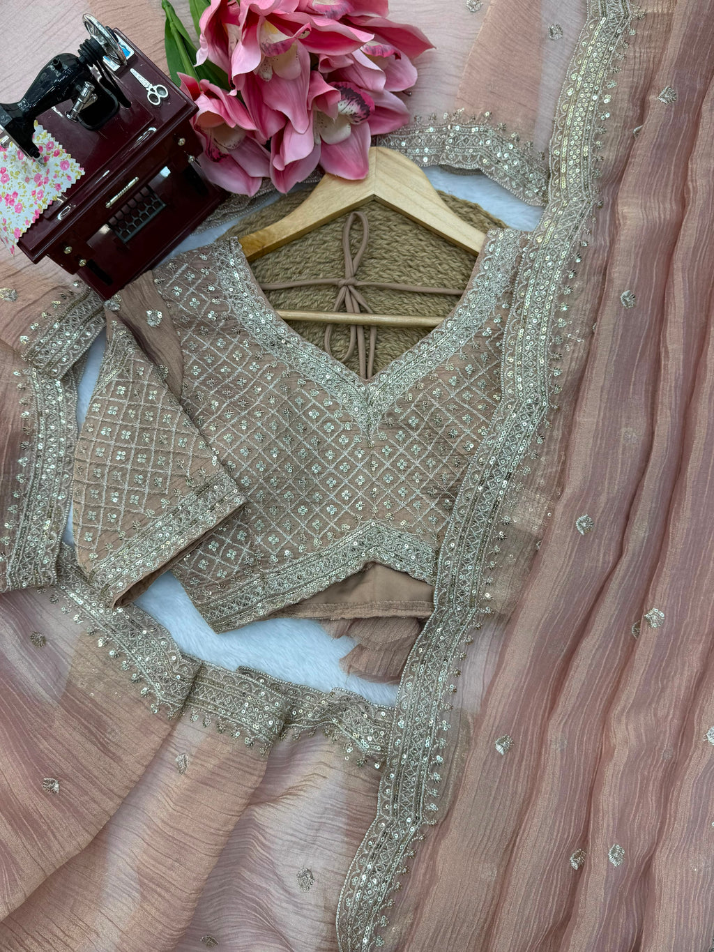 Tissue Salsa Crush Saree with Thread & Sequin Embroidery
