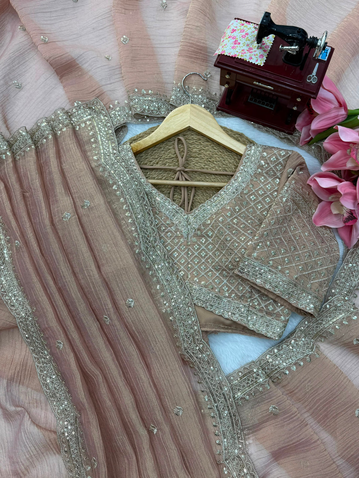 Tissue Salsa Crush Saree with Thread & Sequin Embroidery