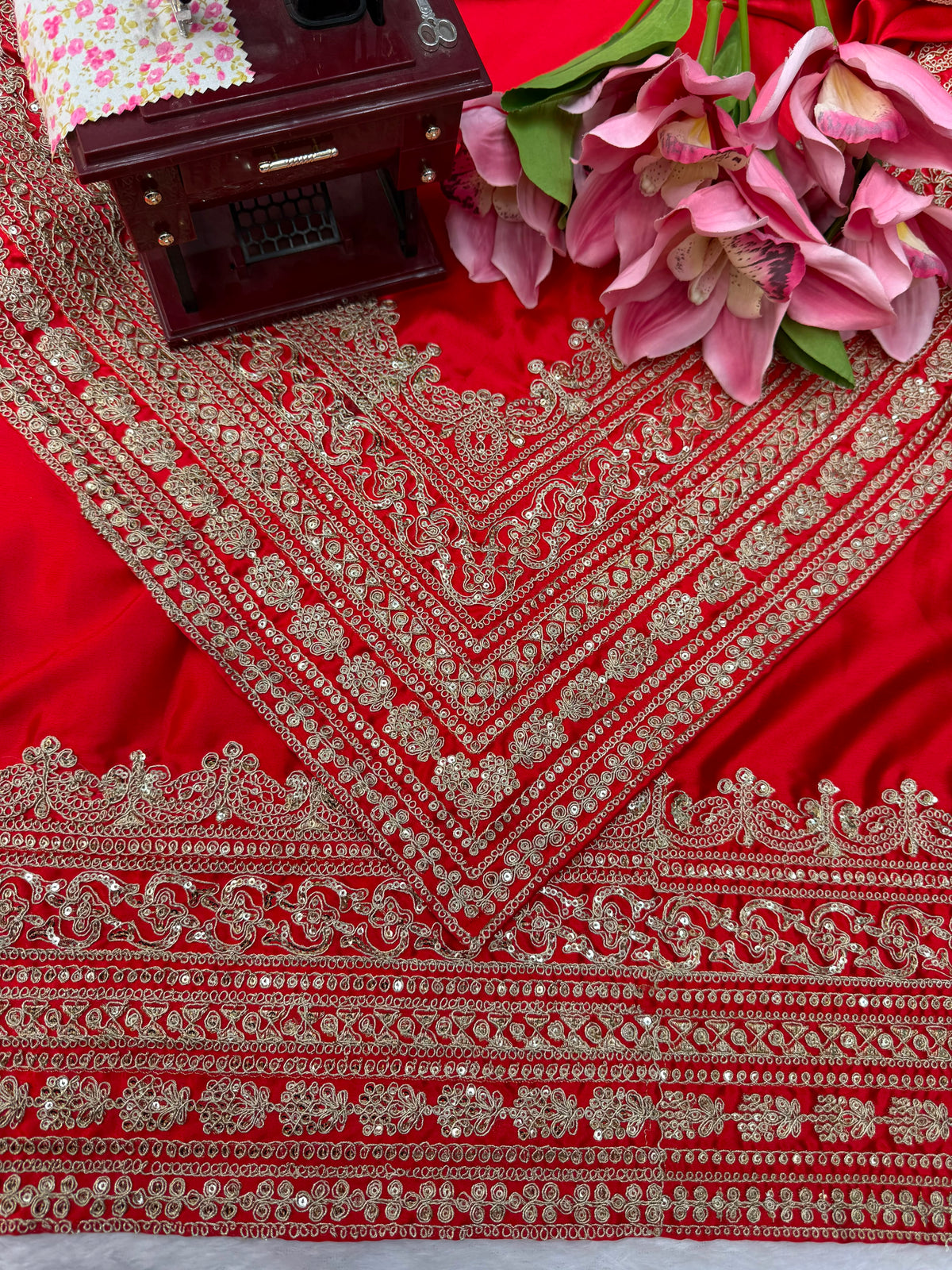 Japan Satin Designer Saree with Coding Embroidery & Tabby Silk Dupatta