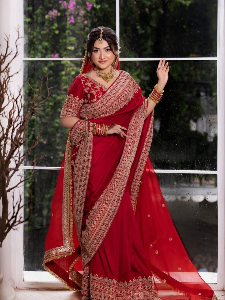 Japan Satin Designer Saree with Coding Embroidery & Tabby Silk Dupatta