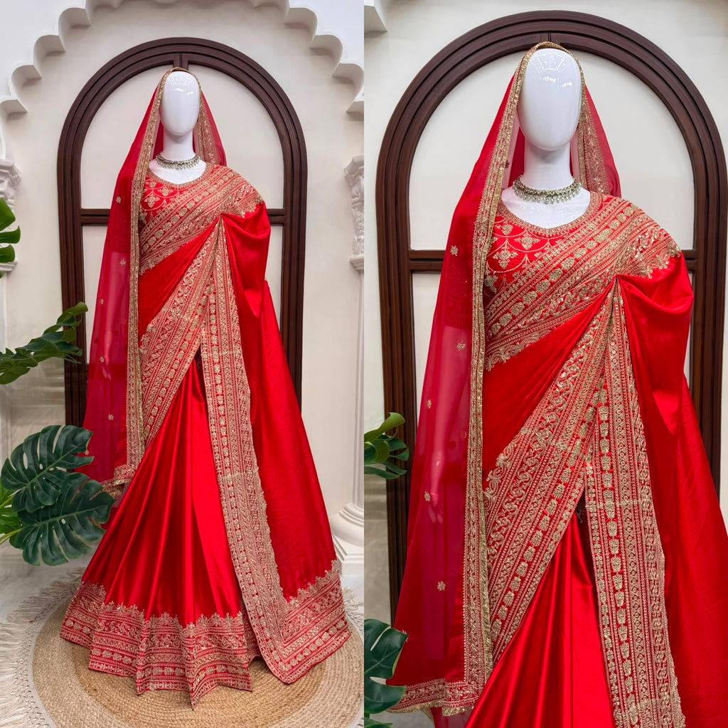 Japan Satin Designer Saree with Coding Embroidery & Tabby Silk Dupatta