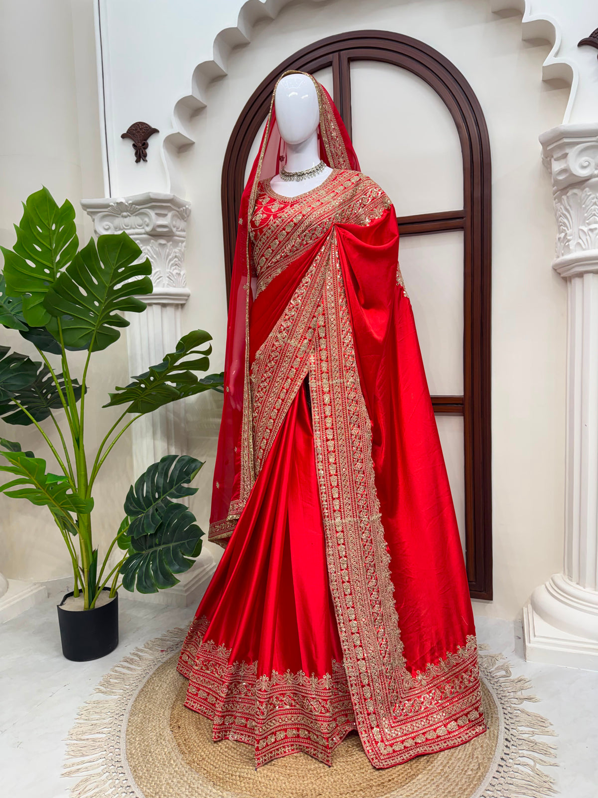 Japan Satin Designer Saree with Coding Embroidery & Tabby Silk Dupatta