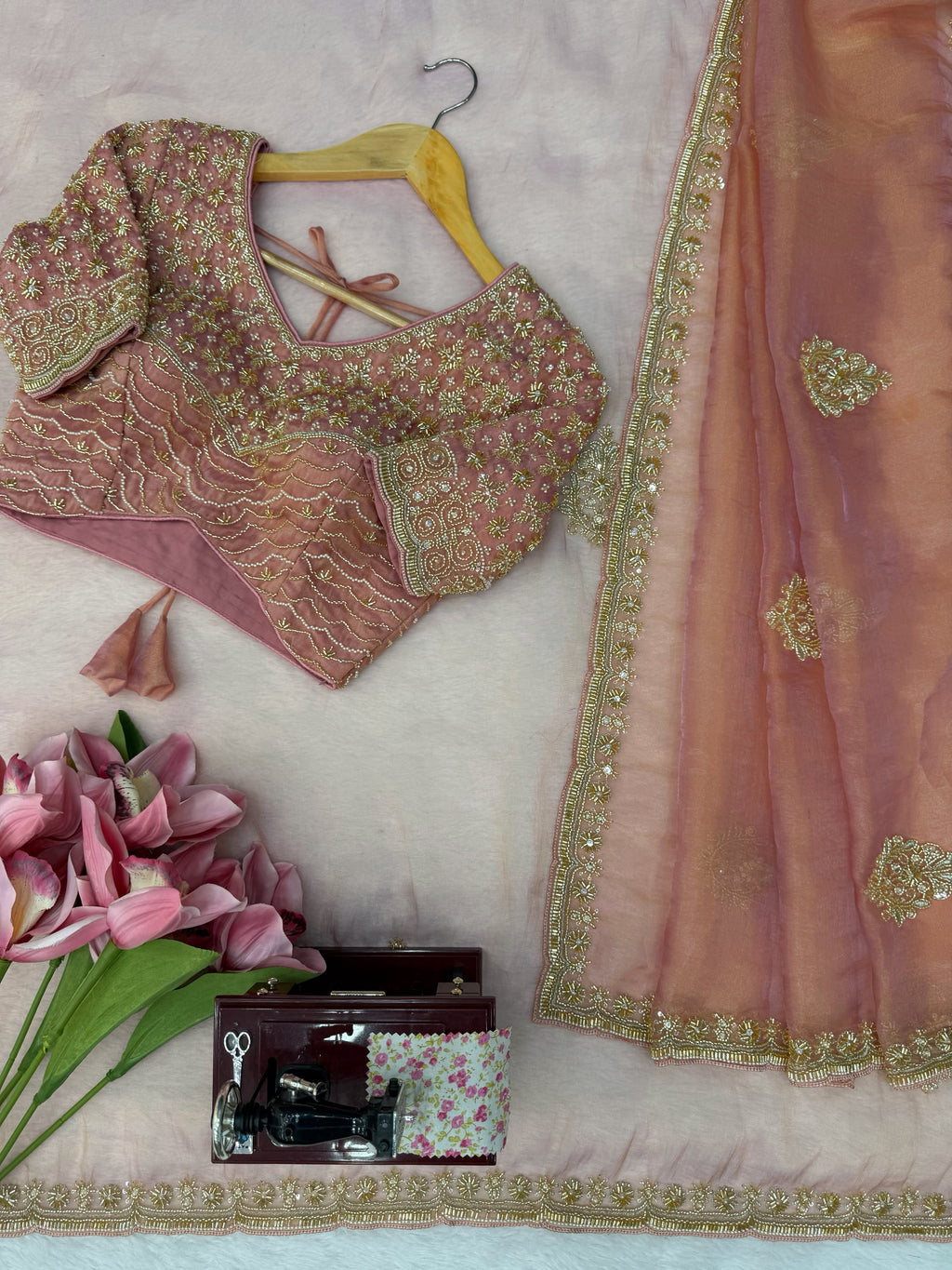 Premium Salsa Silk Saree with Pearl & Heavy Beads Handwork