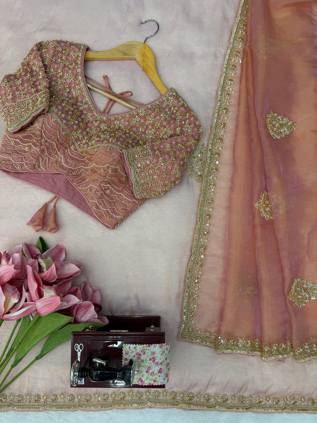 Premium Salsa Silk Saree with Pearl & Heavy Beads Handwork