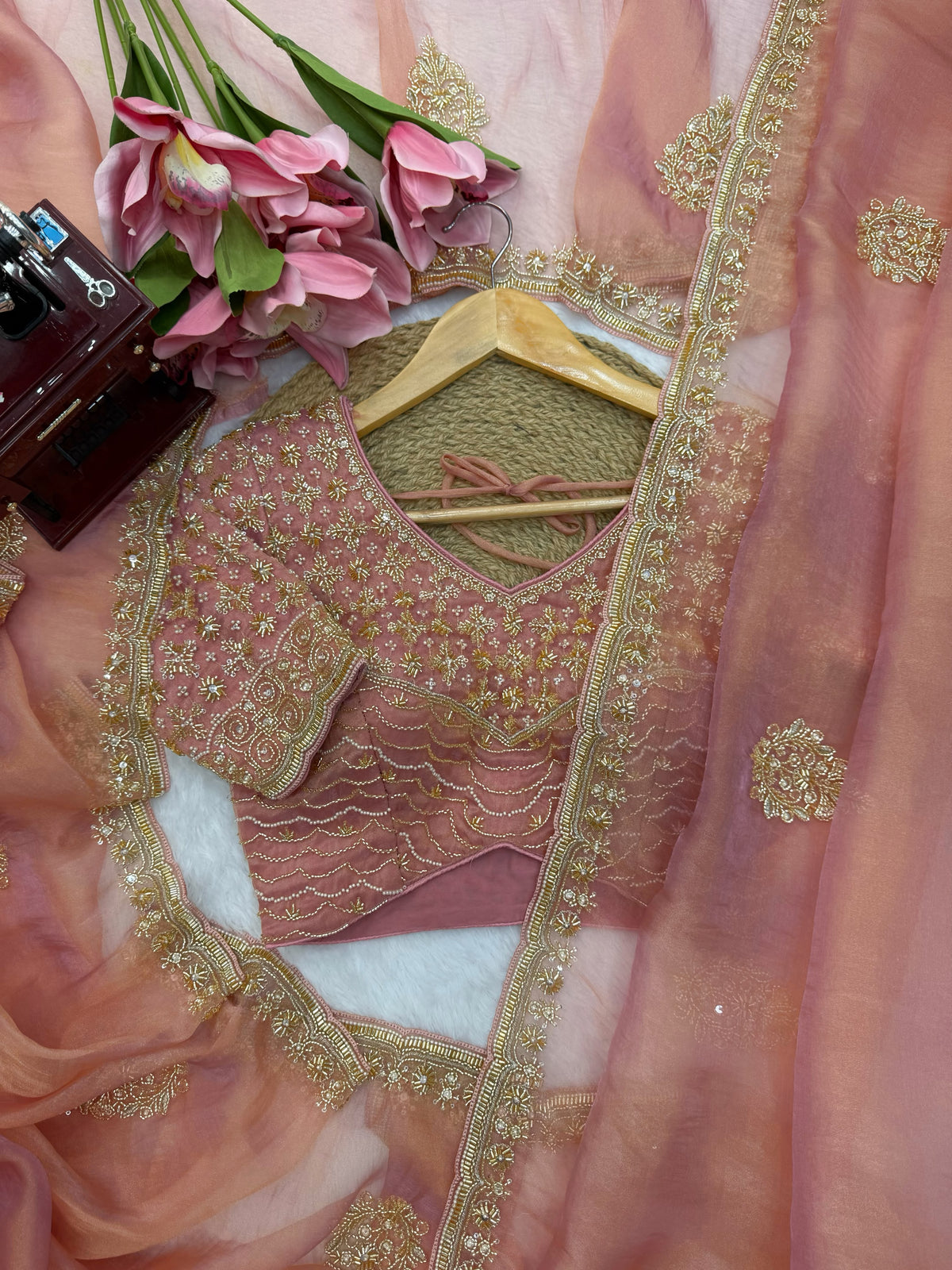 Premium Salsa Silk Saree with Pearl & Heavy Beads Handwork