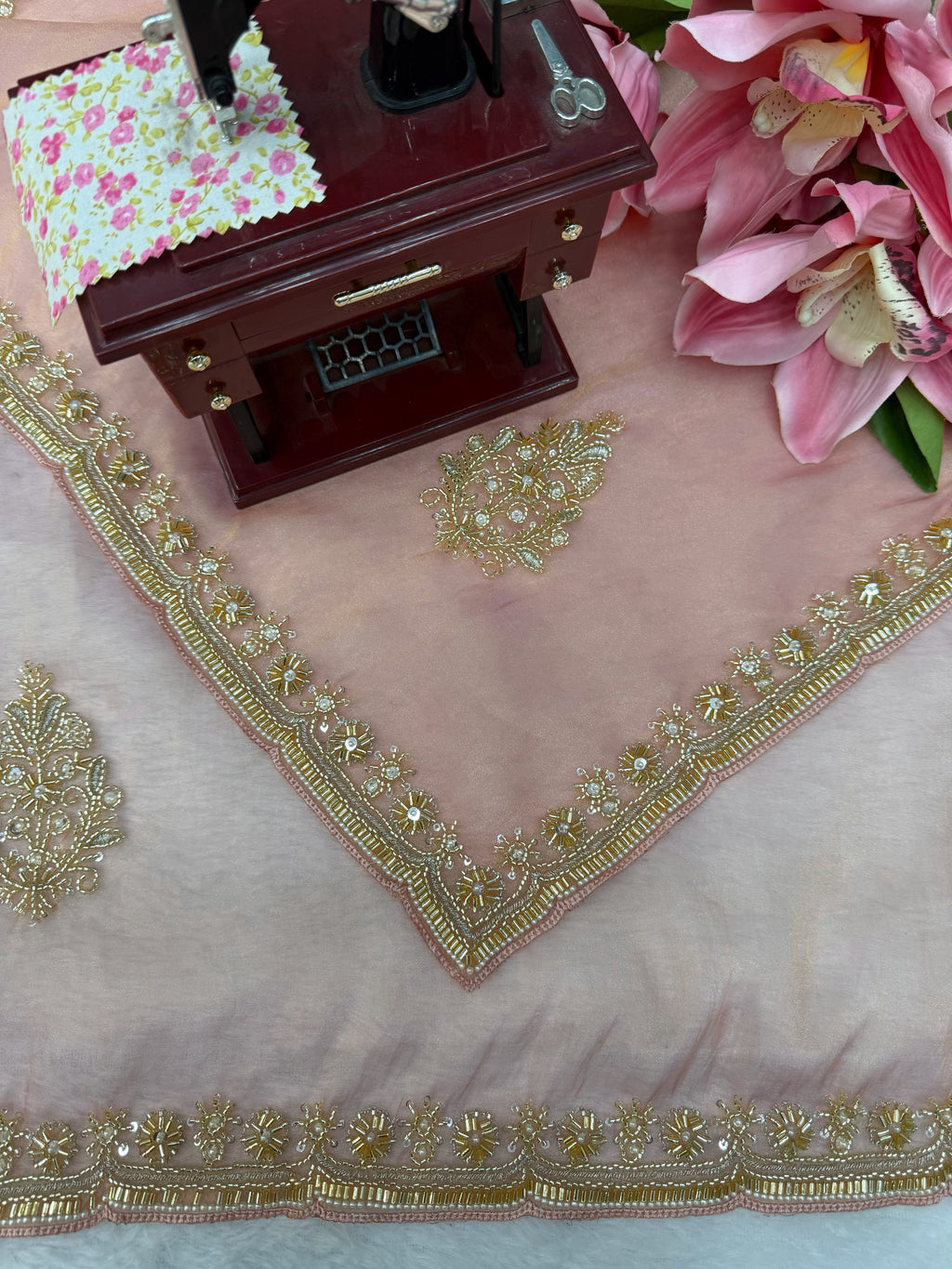 Premium Salsa Silk Saree with Pearl & Heavy Beads Handwork