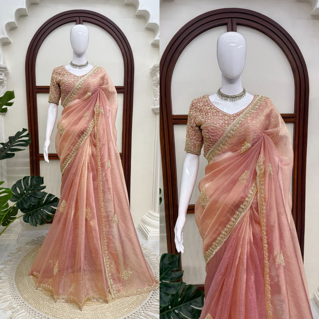 Premium Salsa Silk Saree with Pearl & Heavy Beads Handwork