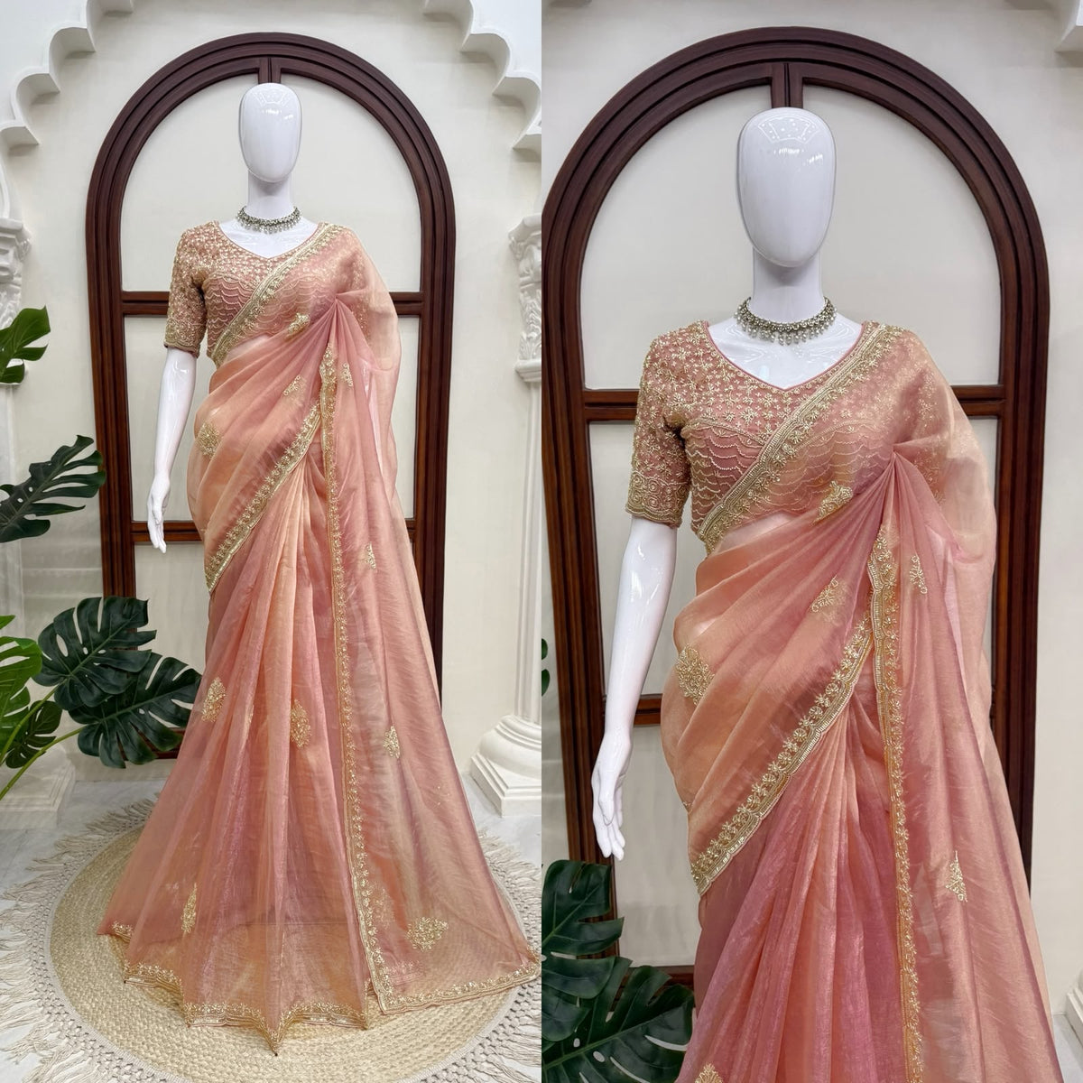 Premium Salsa Silk Saree with Pearl & Heavy Beads Handwork